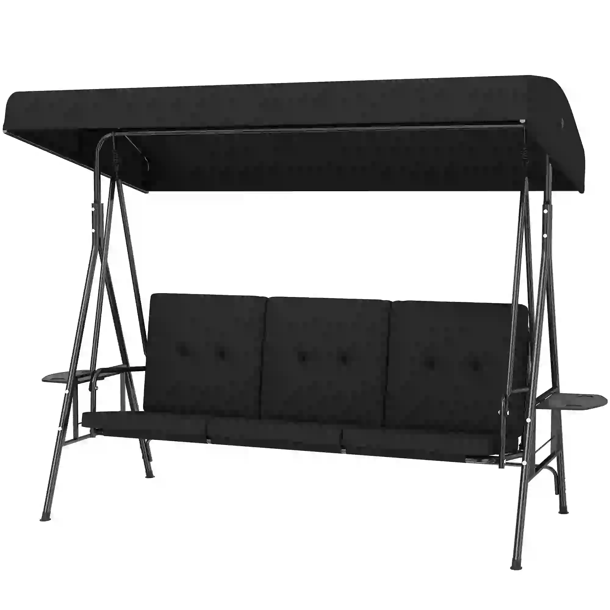 3-Seat Outdoor Swing With Adjustable Canopy, Side Tray, Black