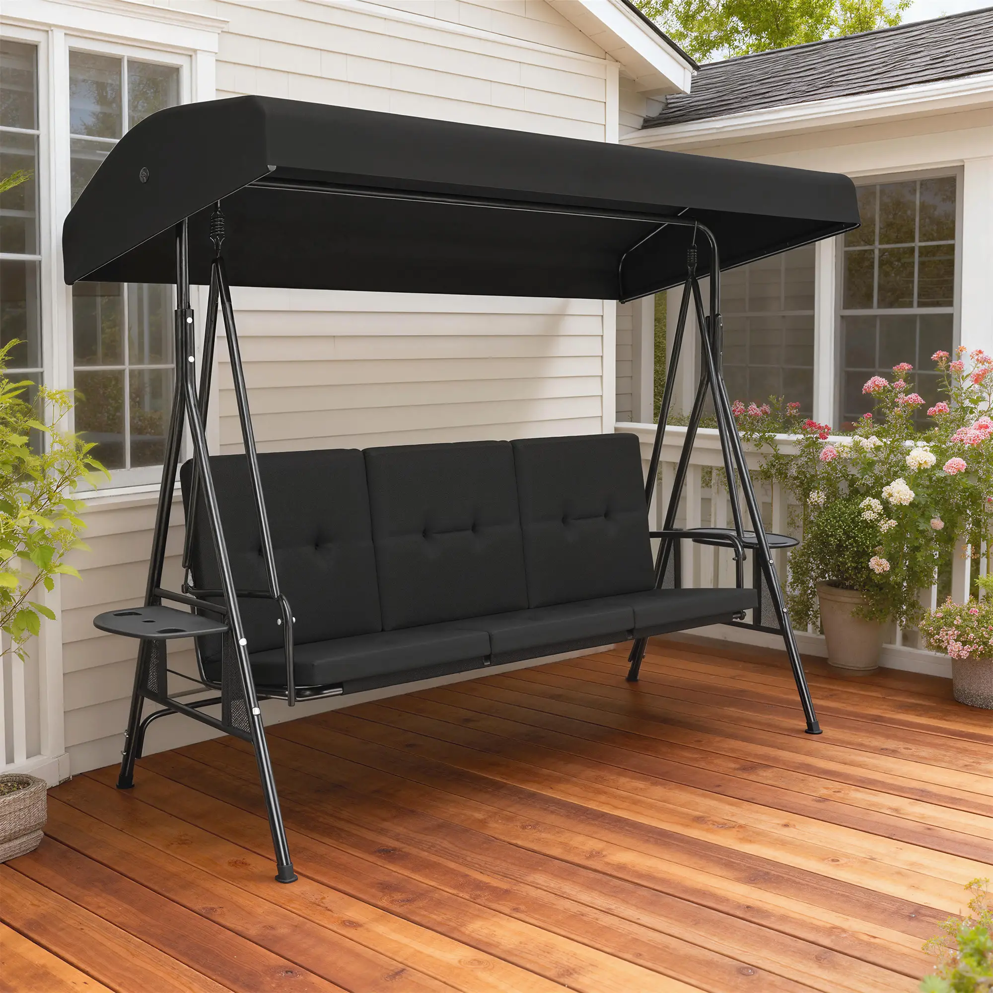 3-Seat Outdoor Swing With Adjustable Canopy, Side Tray, Black - Image 10