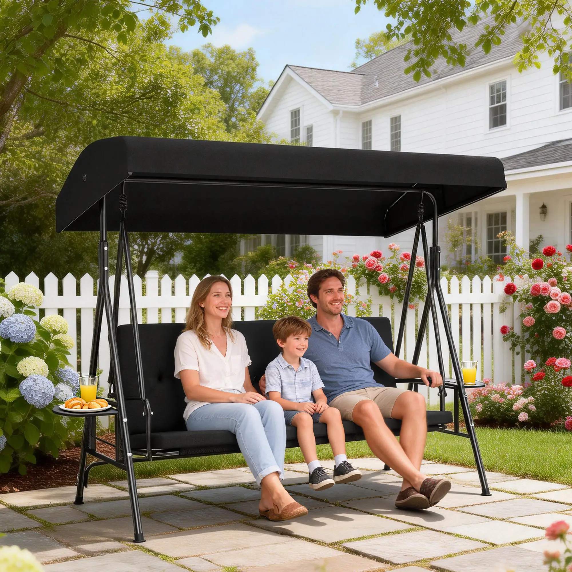 3-Seat Outdoor Swing With Adjustable Canopy, Side Tray, Black - Image 2