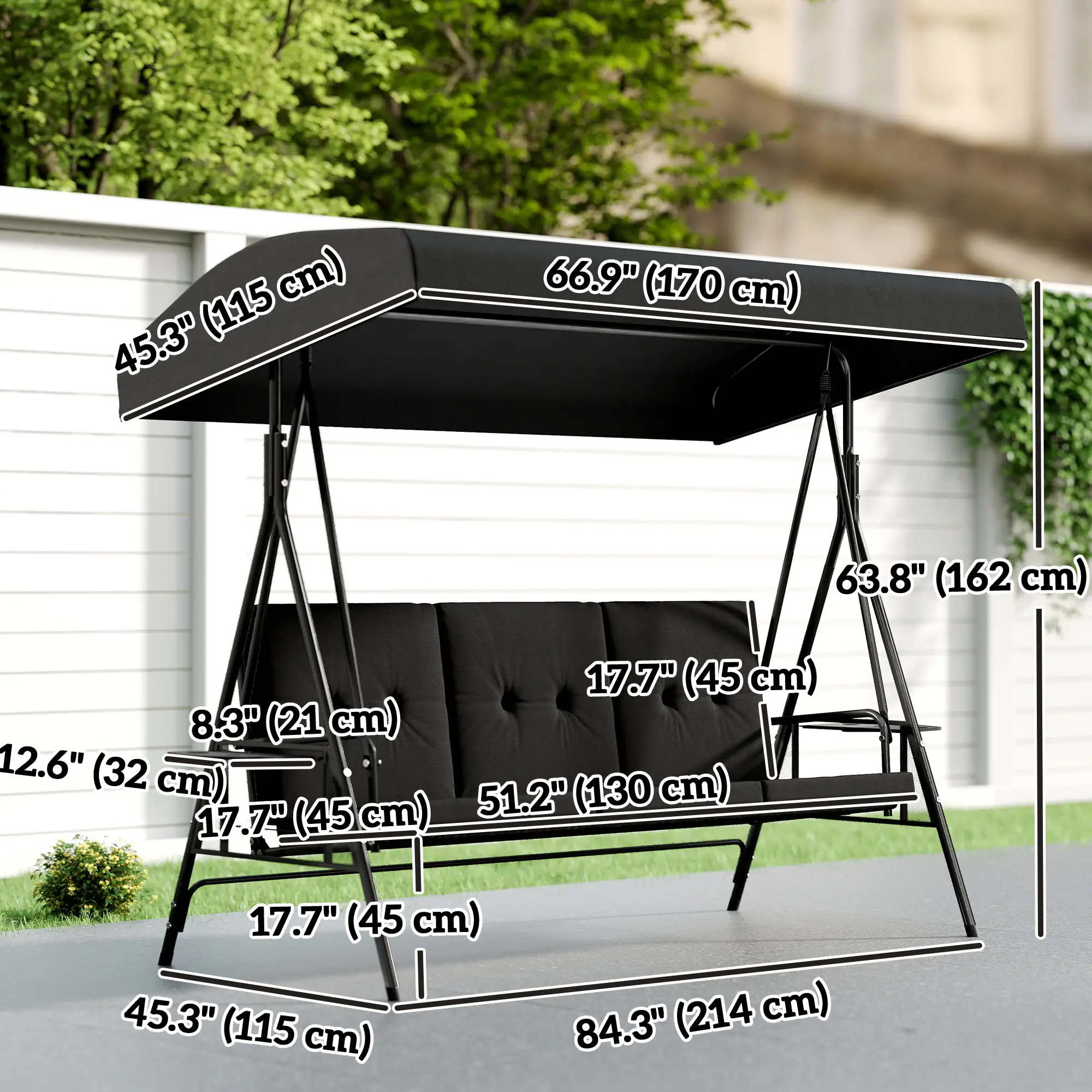 3-Seat Outdoor Swing With Adjustable Canopy, Side Tray, Black - Image 3