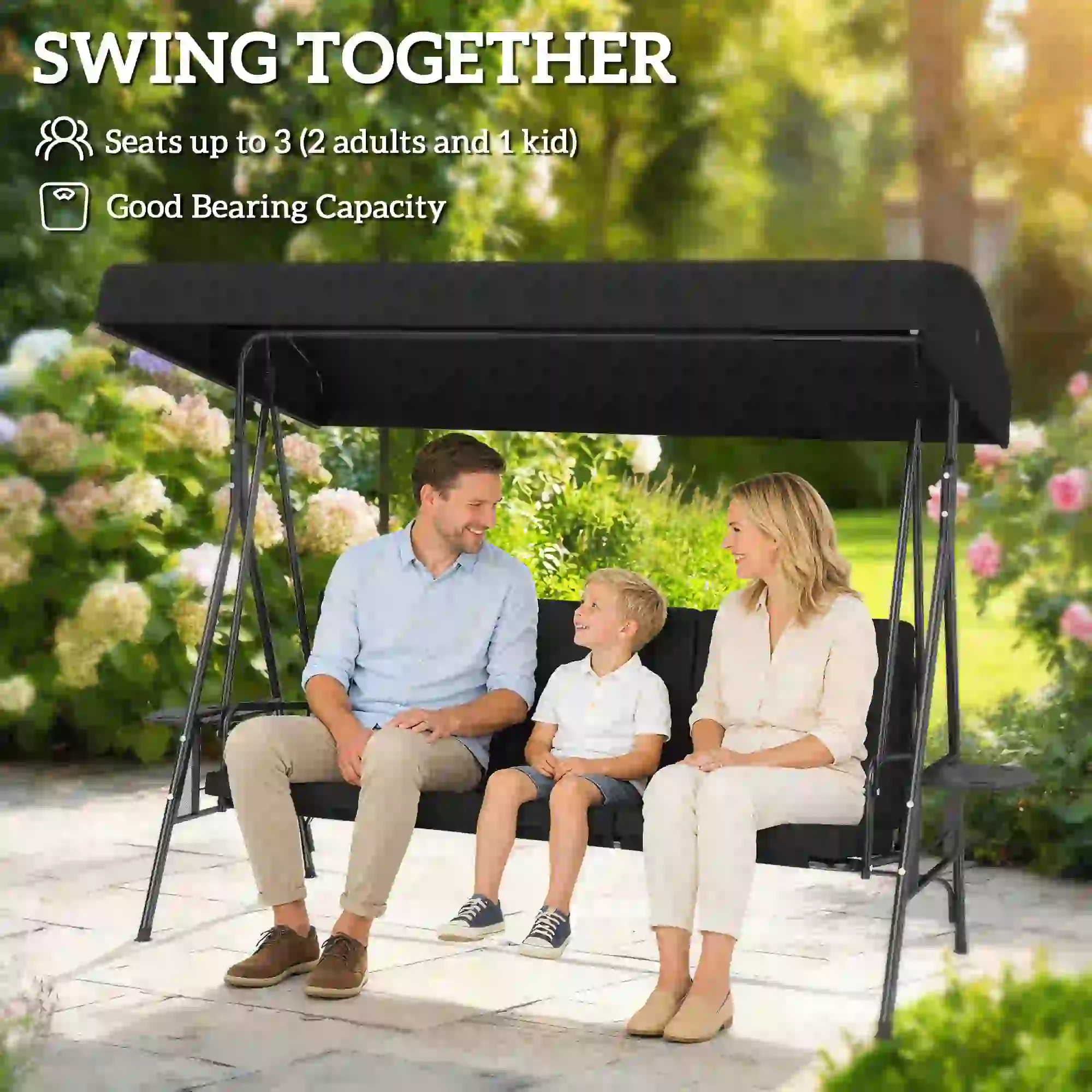 3-Seat Outdoor Swing With Adjustable Canopy, Side Tray, Black - Image 4
