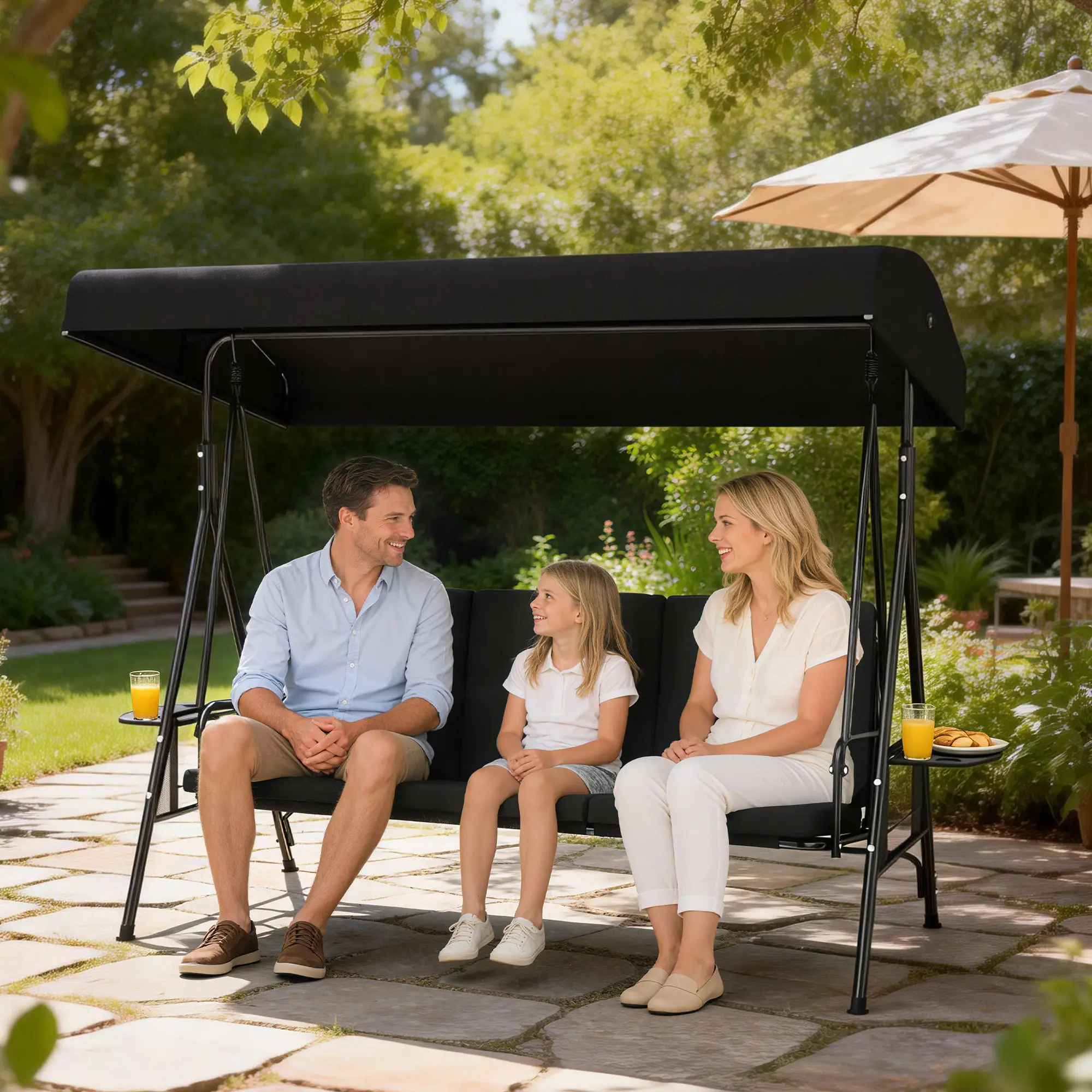 3-Seat Outdoor Swing With Adjustable Canopy, Side Tray, Black - Image 8