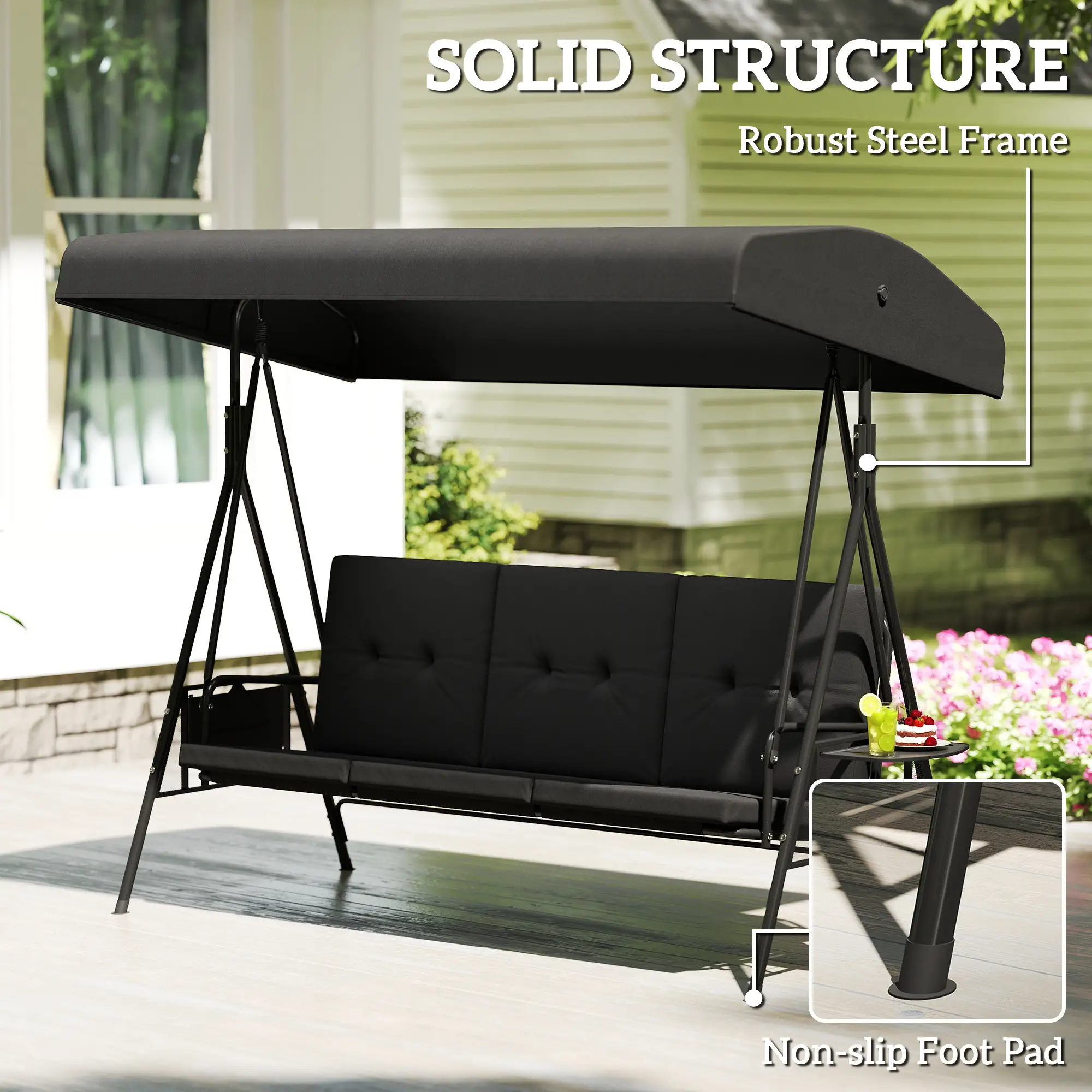3-Seat Outdoor Swing With Adjustable Canopy, Side Tray, Black - Image 9