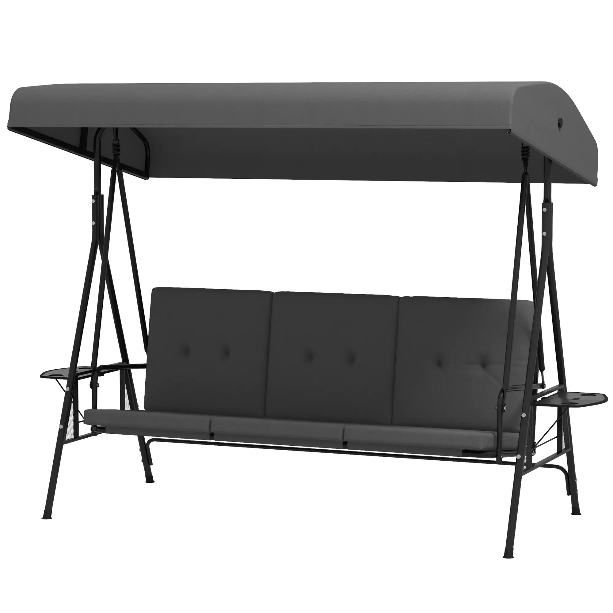 3-Seat Outdoor Swing With Adjustable Canopy, Side Tray, Removable Cushion, Grey
