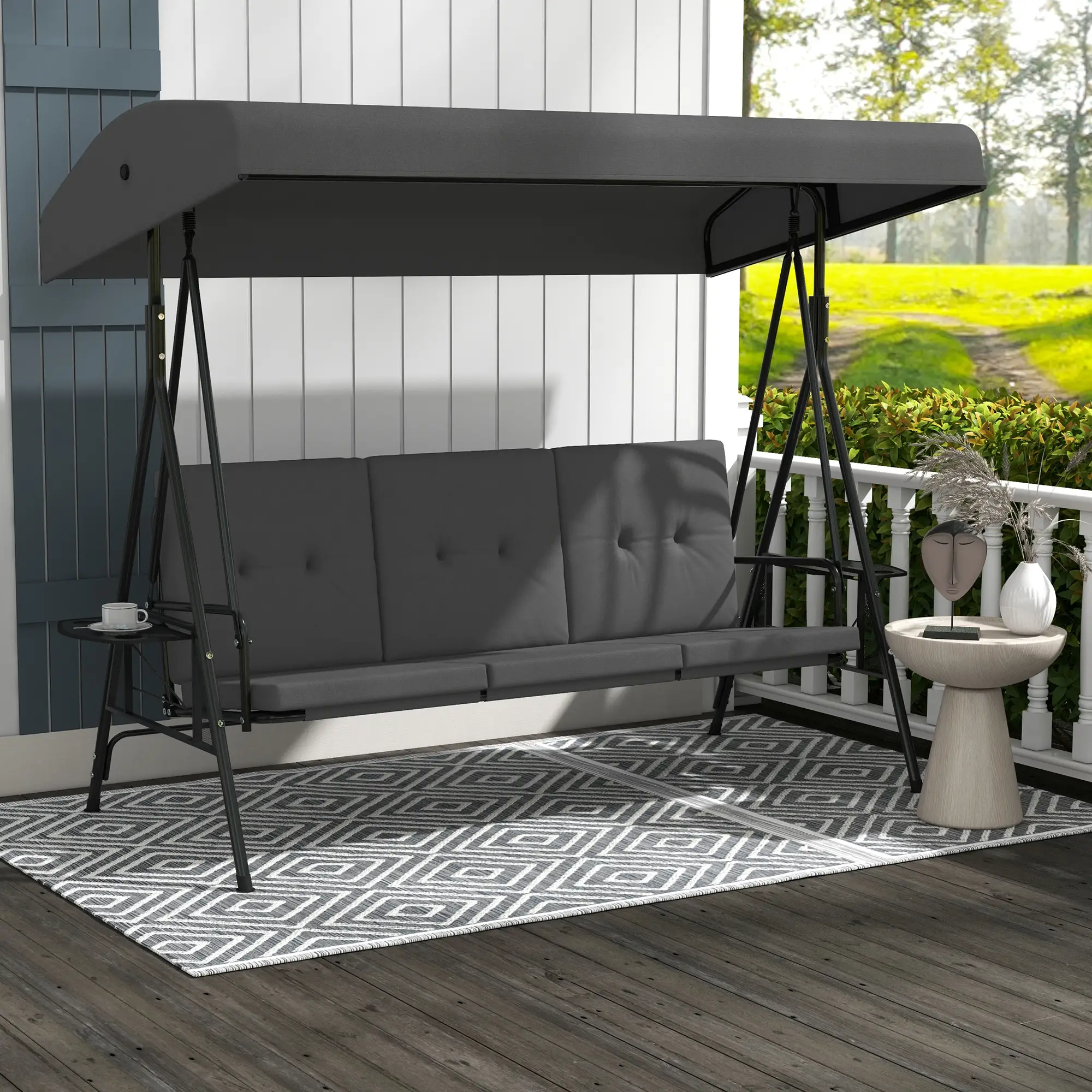 3-Seat Outdoor Swing With Adjustable Canopy, Side Tray, Removable Cushion, Grey - Image 2