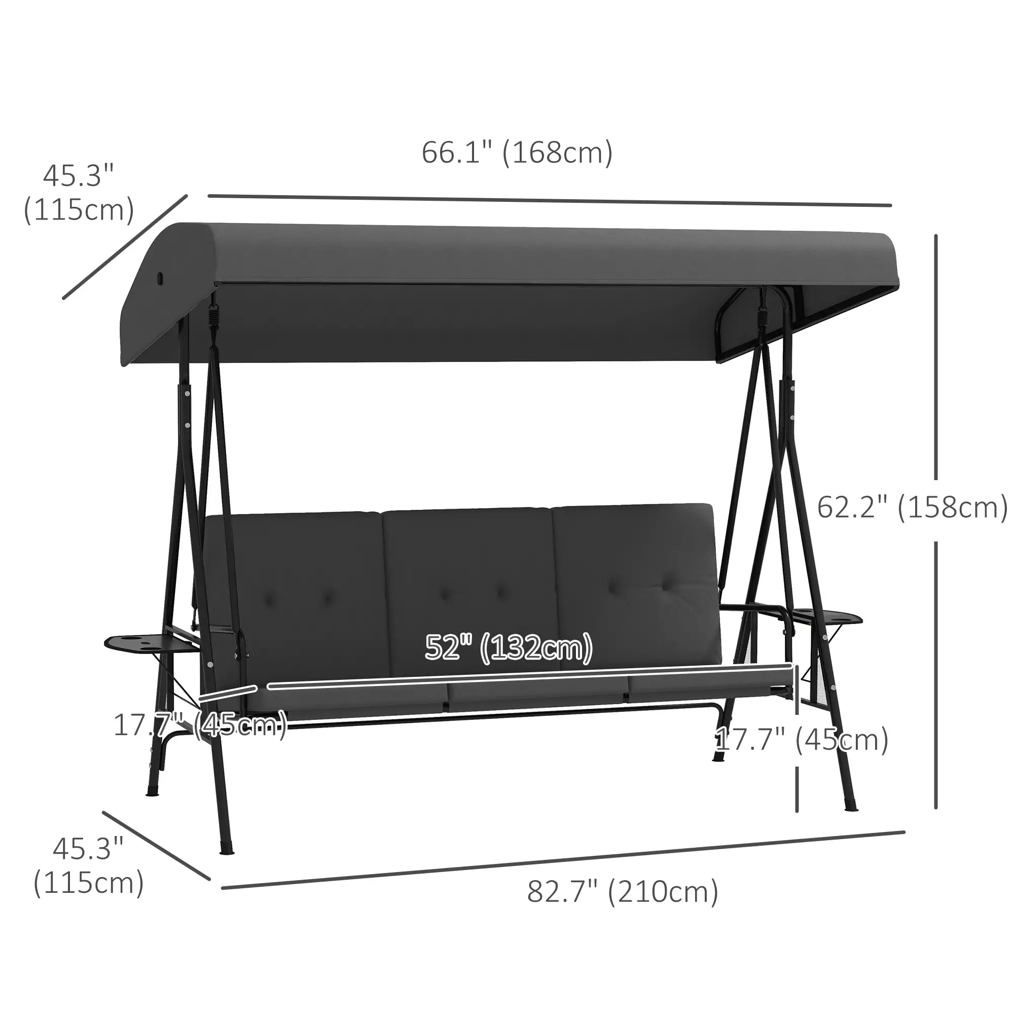 3-Seat Outdoor Swing With Adjustable Canopy, Side Tray, Removable Cushion, Grey - Image 3