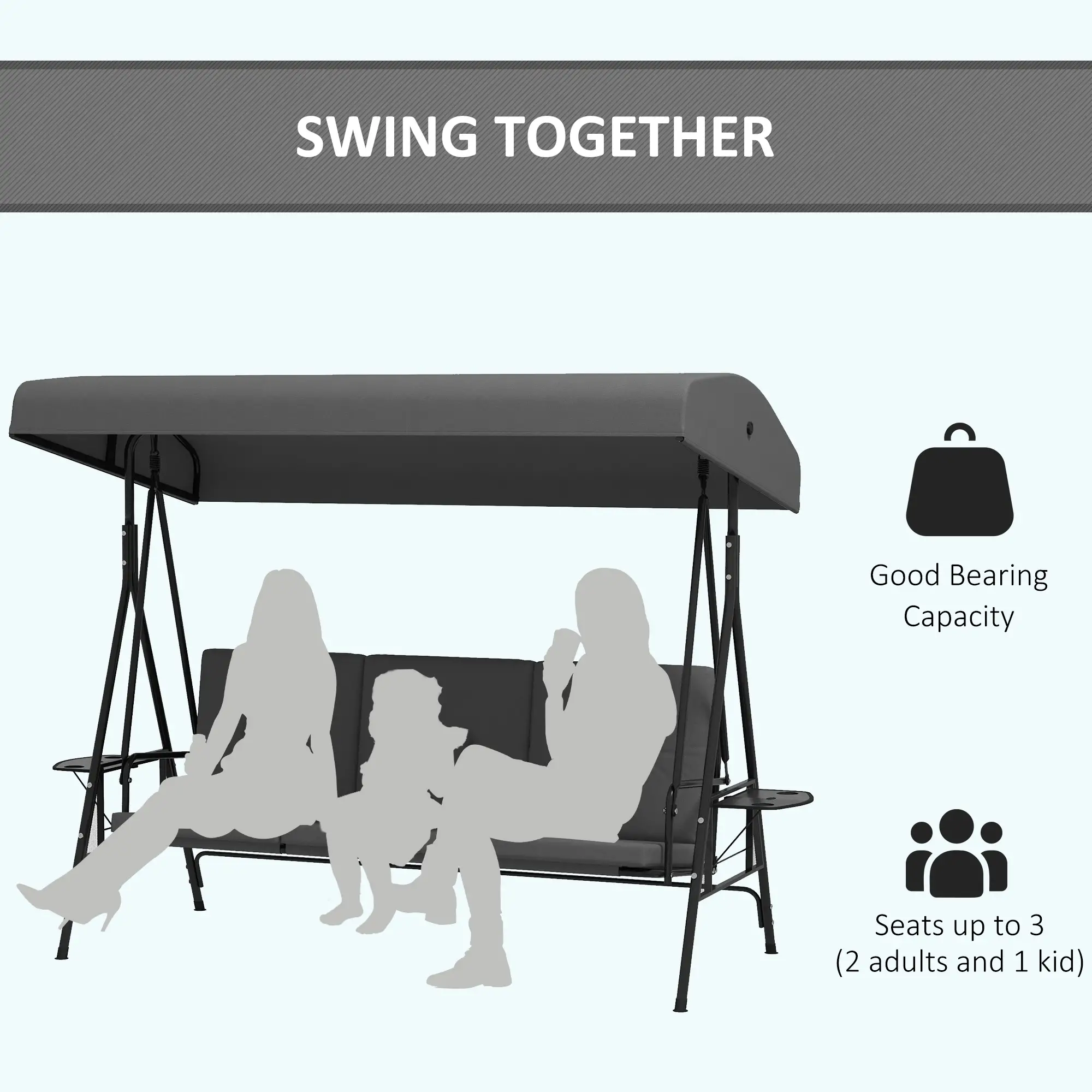 3-Seat Outdoor Swing With Adjustable Canopy, Side Tray, Removable Cushion, Grey - Image 4