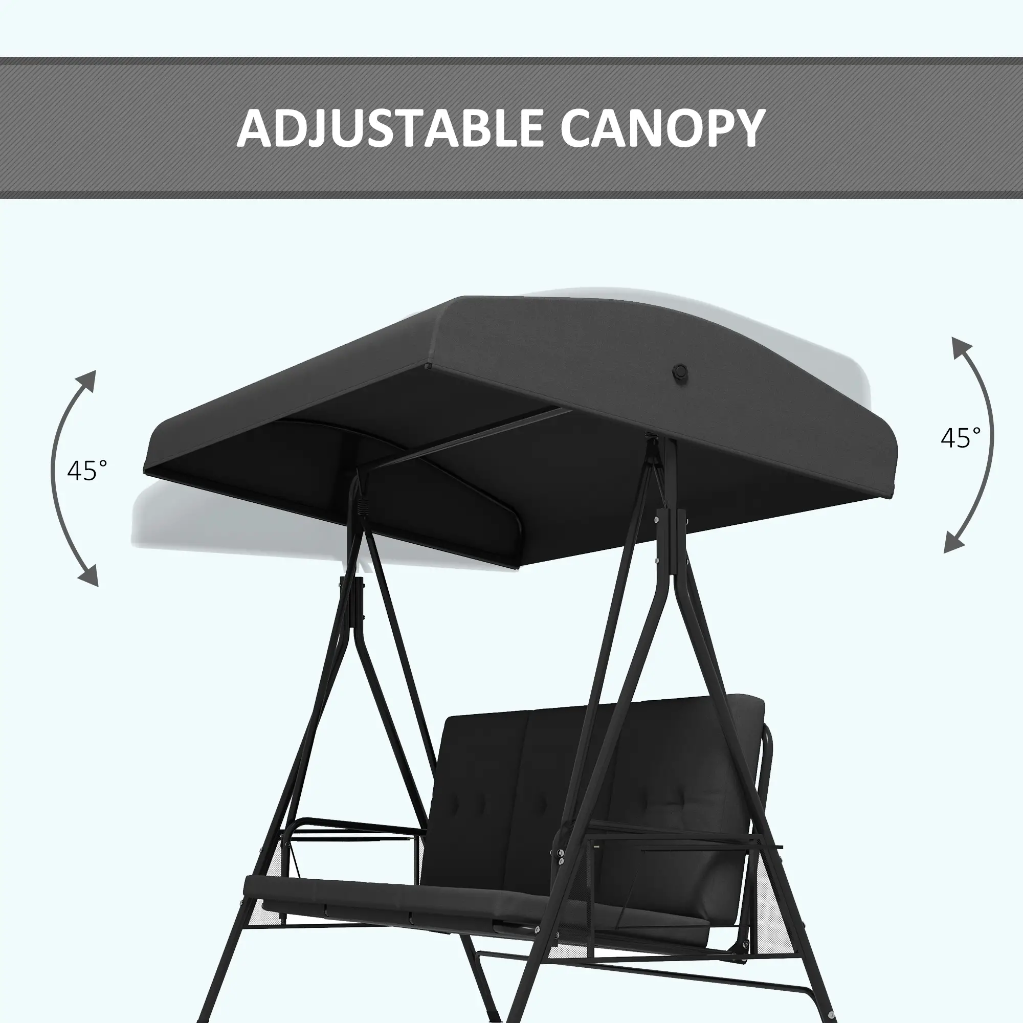 3-Seat Outdoor Swing With Adjustable Canopy, Side Tray, Removable Cushion, Grey - Image 5