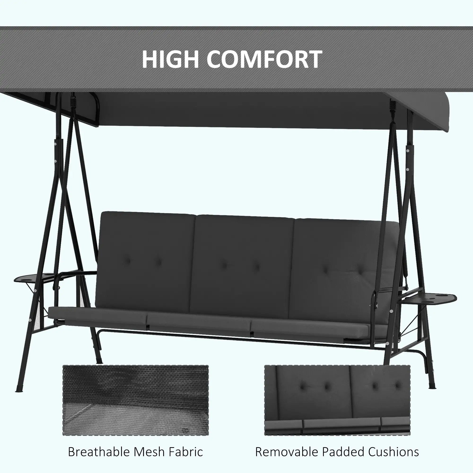 3-Seat Outdoor Swing With Adjustable Canopy, Side Tray, Removable Cushion, Grey - Image 6