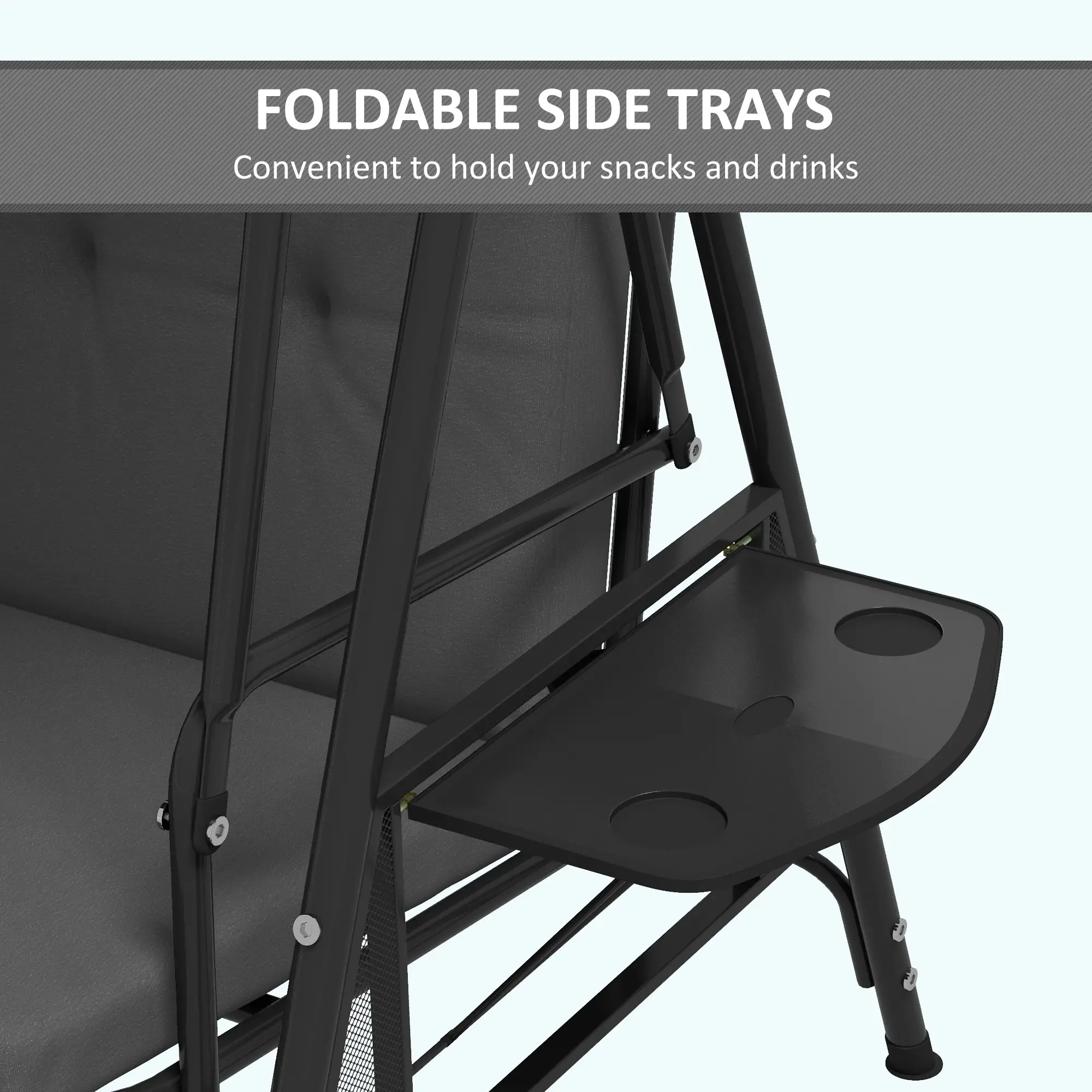3-Seat Outdoor Swing With Adjustable Canopy, Side Tray, Removable Cushion, Grey - Image 7