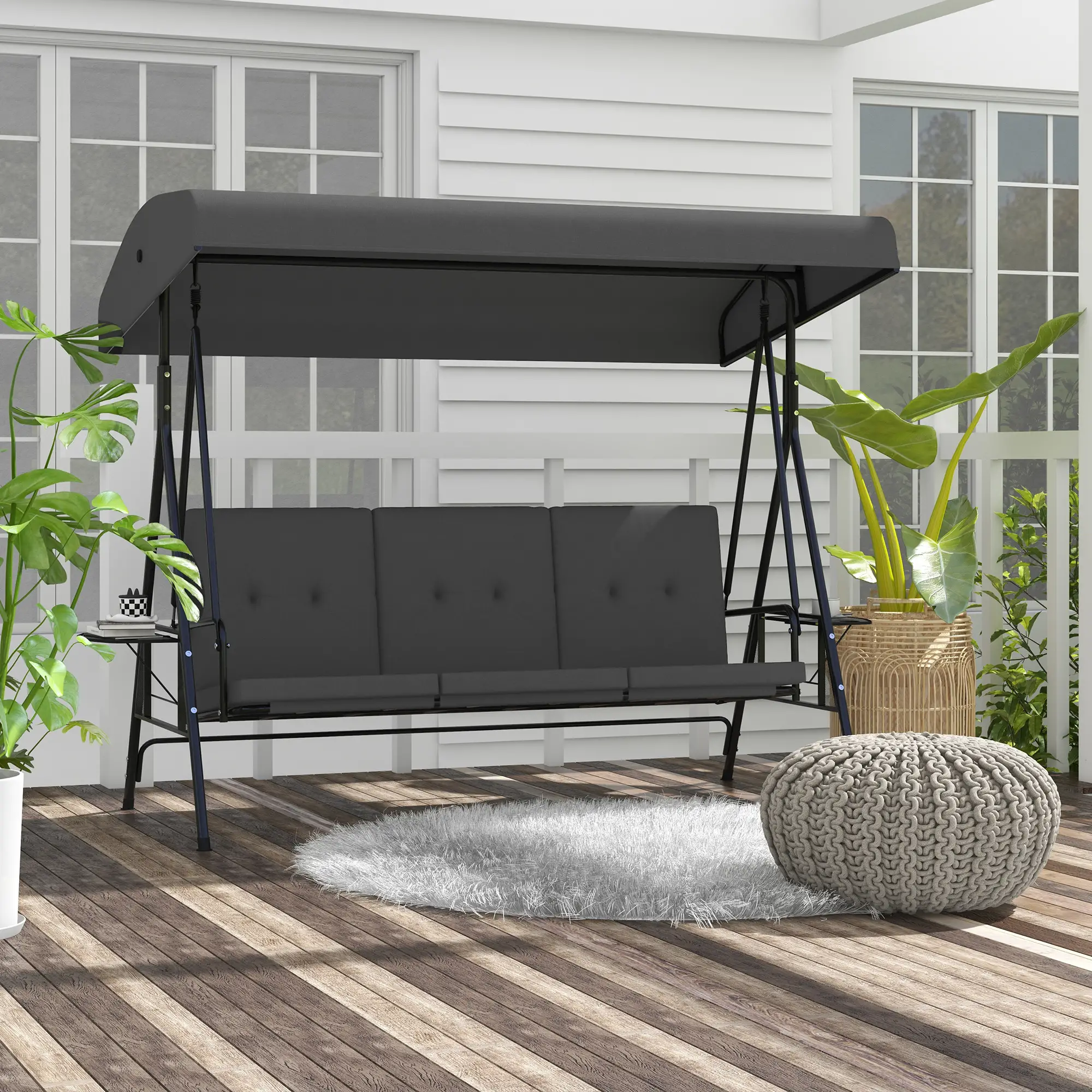 3-Seat Outdoor Swing With Adjustable Canopy, Side Tray, Removable Cushion, Grey - Image 8