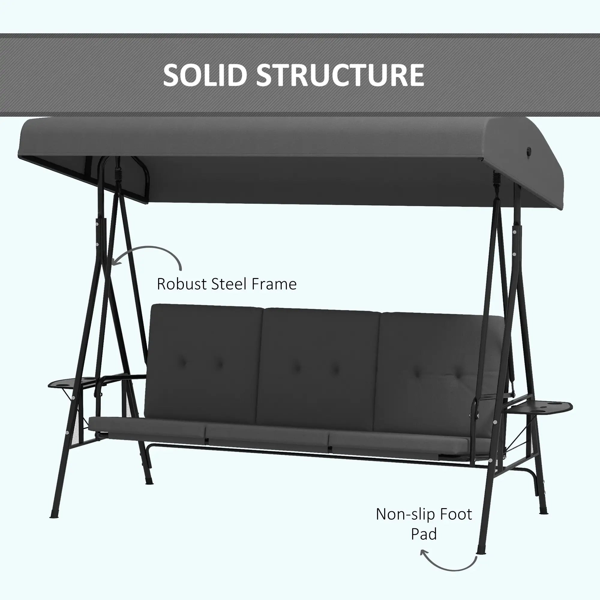 3-Seat Outdoor Swing With Adjustable Canopy, Side Tray, Removable Cushion, Grey - Image 9