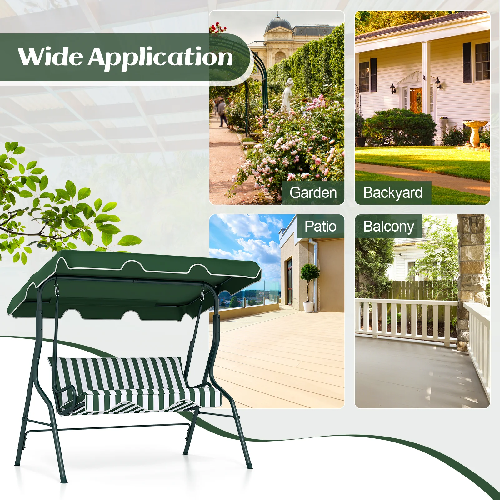 3 Seats Patio Canopy Swing, Green - Image 10