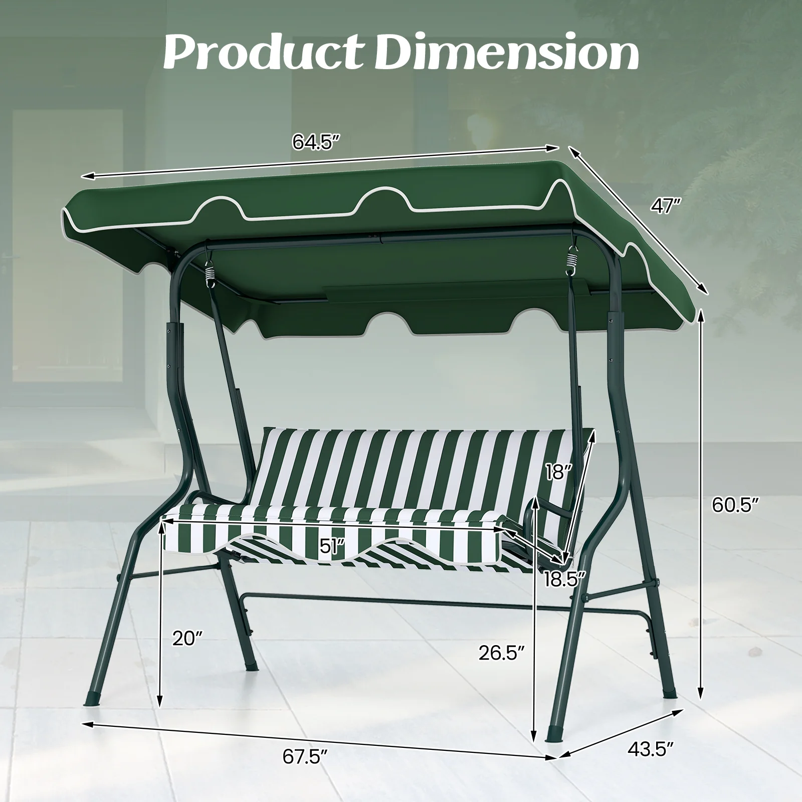 3 Seats Patio Canopy Swing, Green - Image 6
