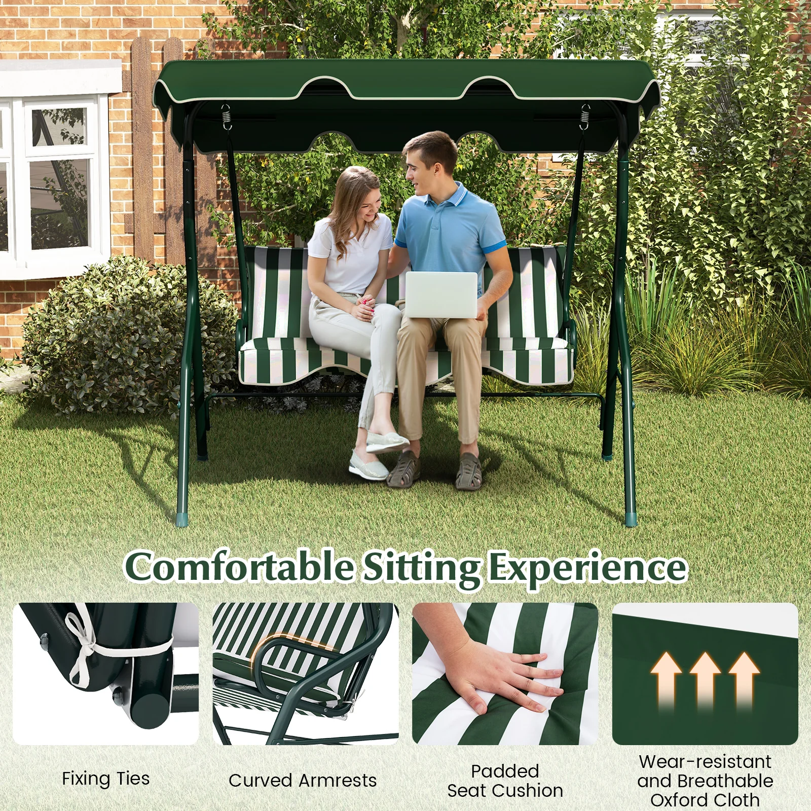 3 Seats Patio Canopy Swing, Green - Image 7
