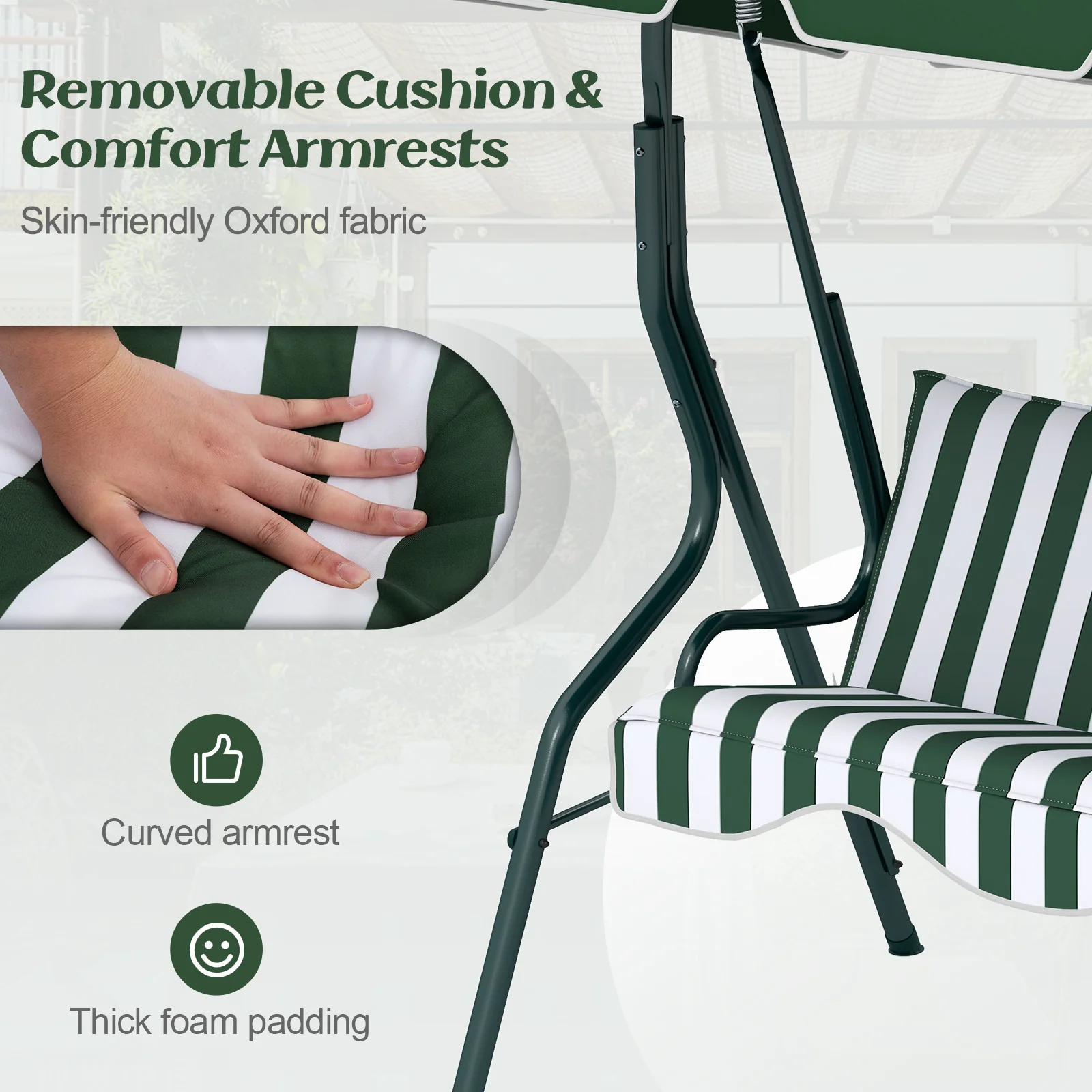 3 Seats Patio Canopy Swing, Green - Image 9