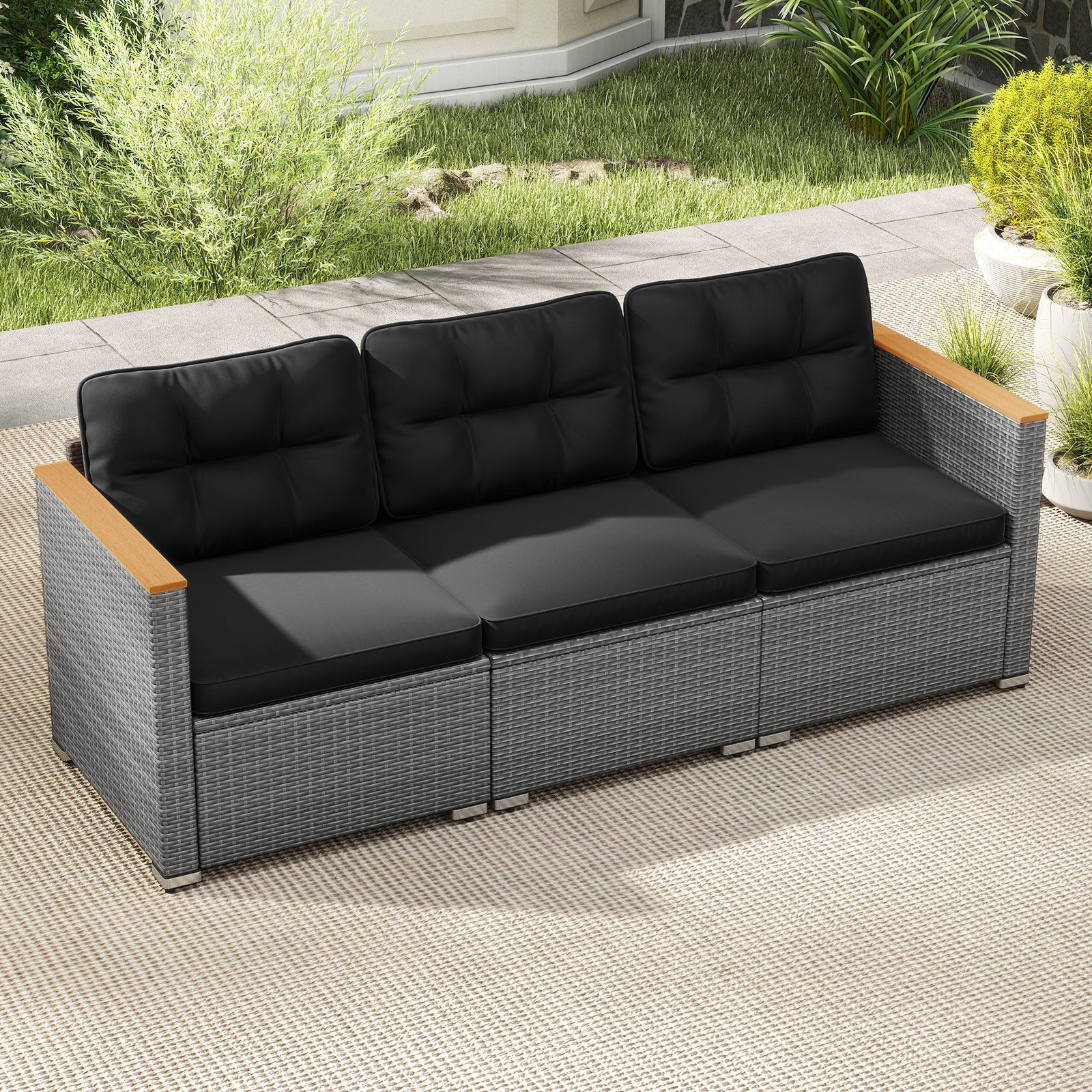 3-Seat Patio Couch Sofa, PE Rattan Loveseat, Deep Seating Cushion, Black, Grey - Image 2