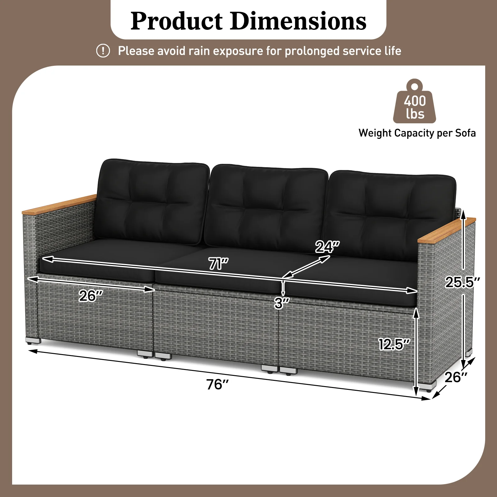 3-Seat Patio Couch Sofa, PE Rattan Loveseat, Deep Seating Cushion, Black, Grey - Image 4
