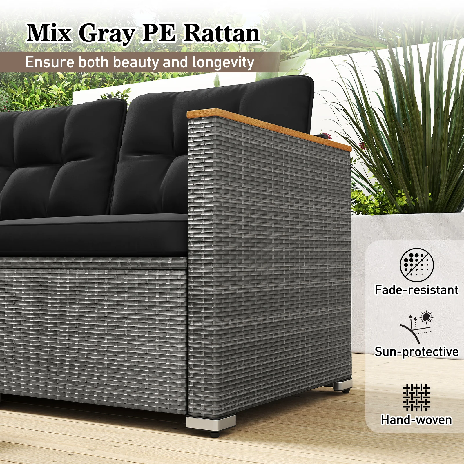 3-Seat Patio Couch Sofa, PE Rattan Loveseat, Deep Seating Cushion, Black, Grey - Image 5