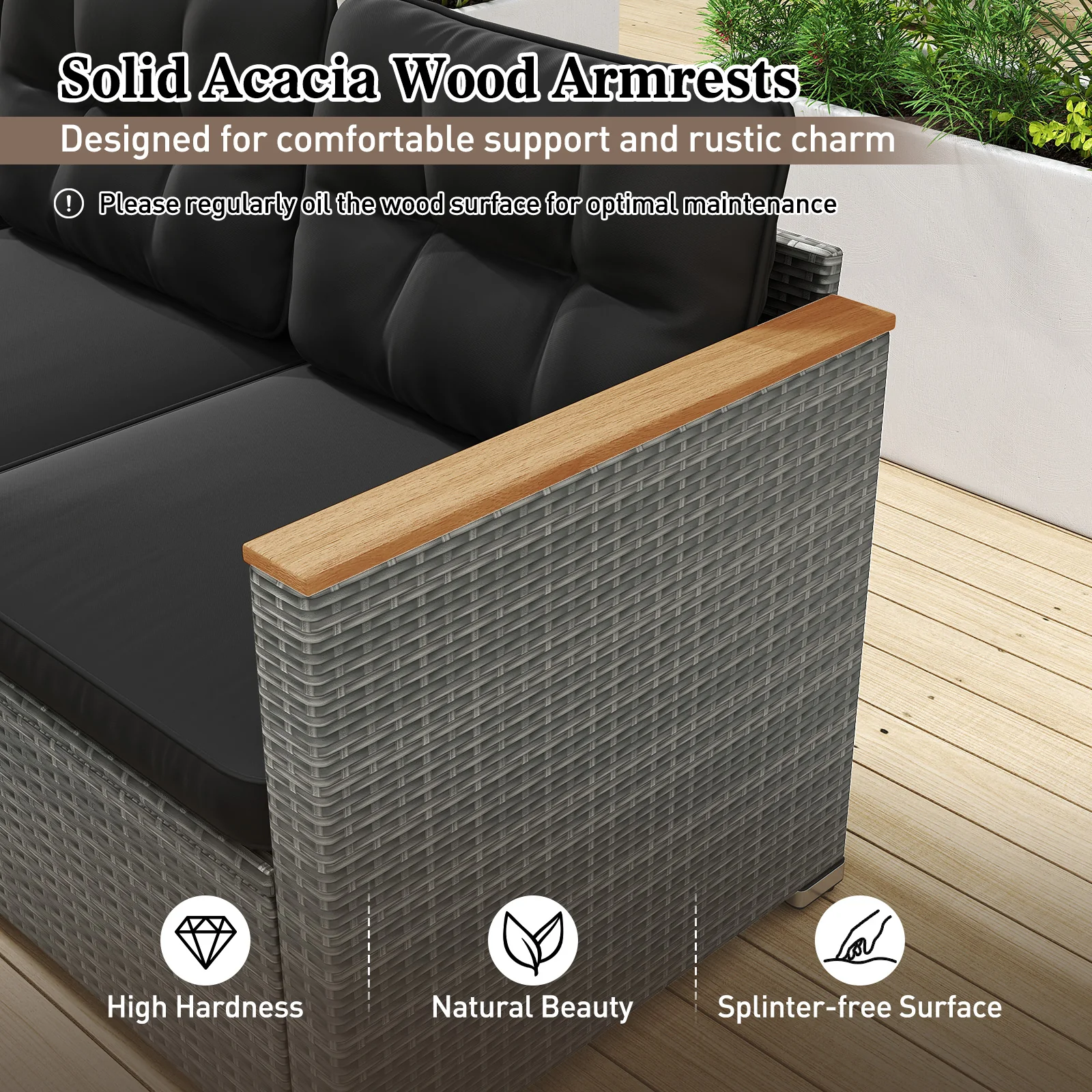 3-Seat Patio Couch Sofa, PE Rattan Loveseat, Deep Seating Cushion, Black, Grey - Image 6