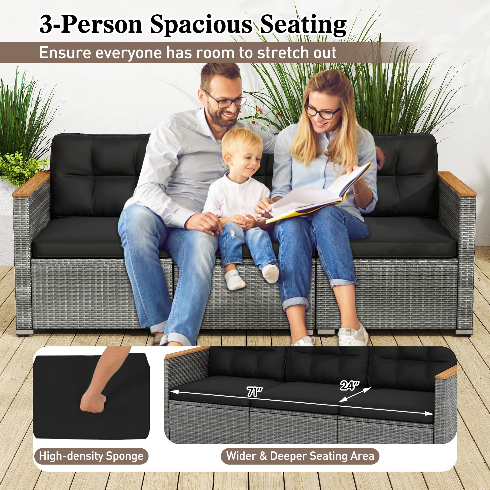 3-Seat Patio Couch Sofa, PE Rattan Loveseat, Deep Seating Cushion, Black, Grey - Image 7