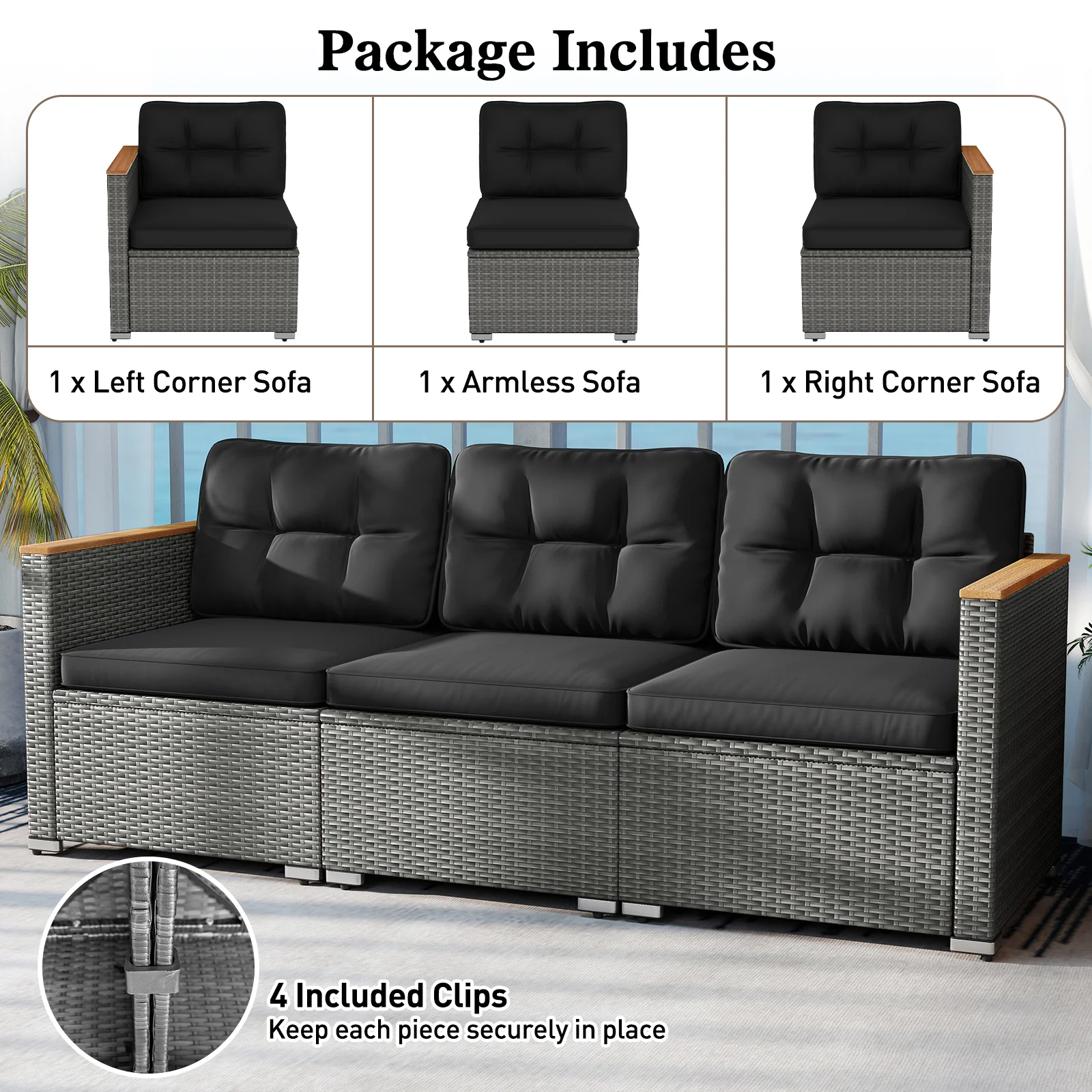 3-Seat Patio Couch Sofa, PE Rattan Loveseat, Deep Seating Cushion, Black, Grey - Image 8