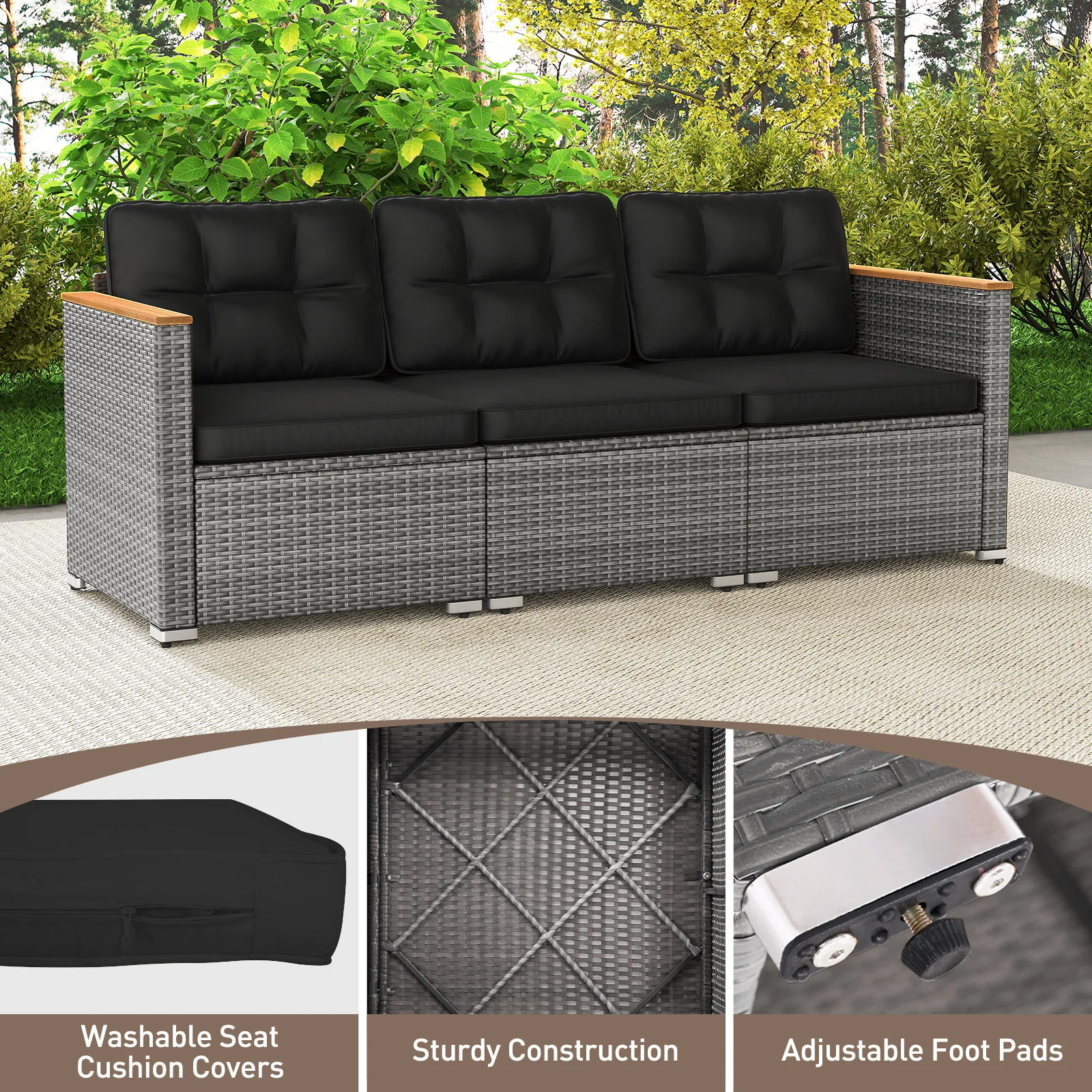 3-Seat Patio Couch Sofa, PE Rattan Loveseat, Deep Seating Cushion, Black, Grey - Image 9