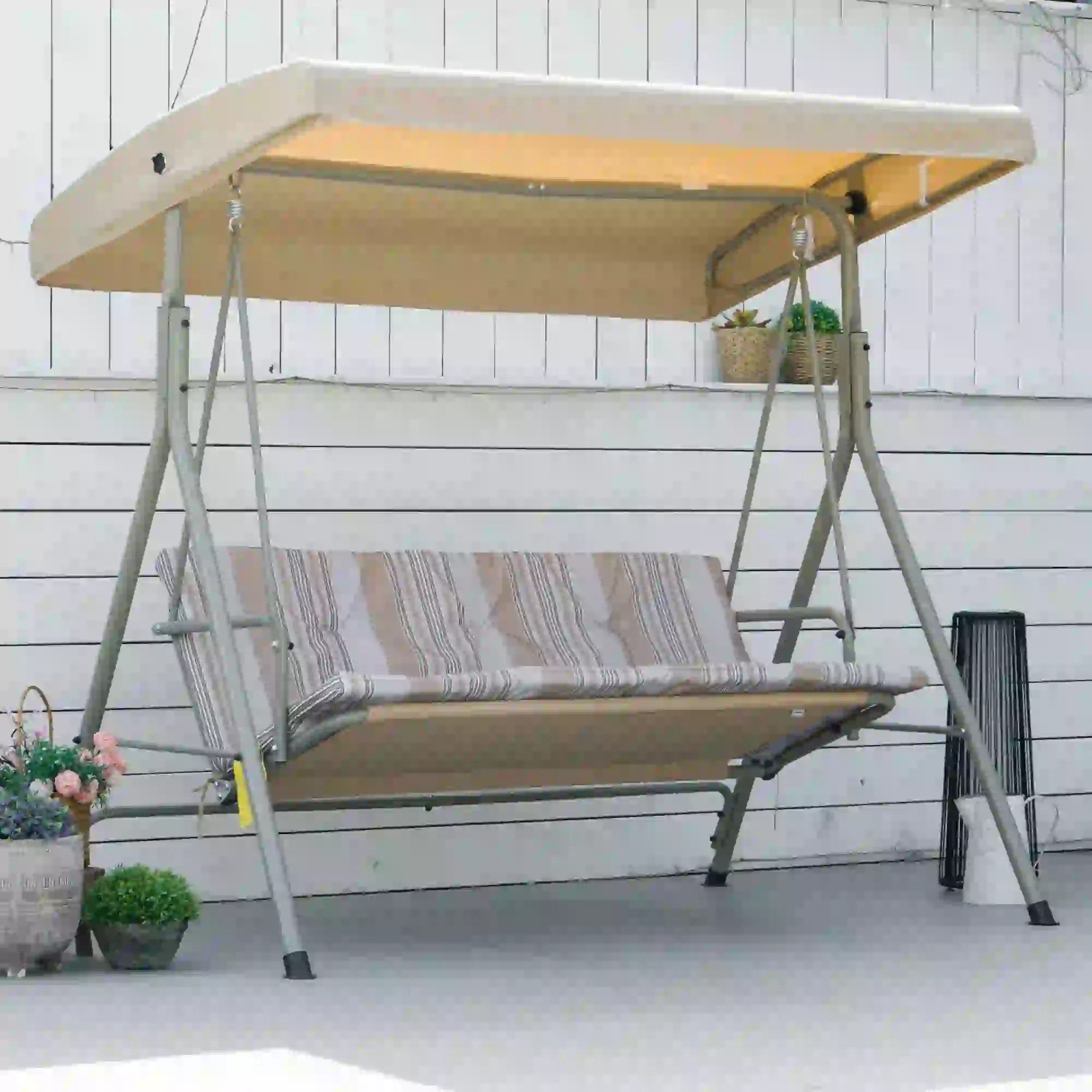 3-Seat Patio Swing Chair, Adjustable Canopy, Light Brown - Image 2