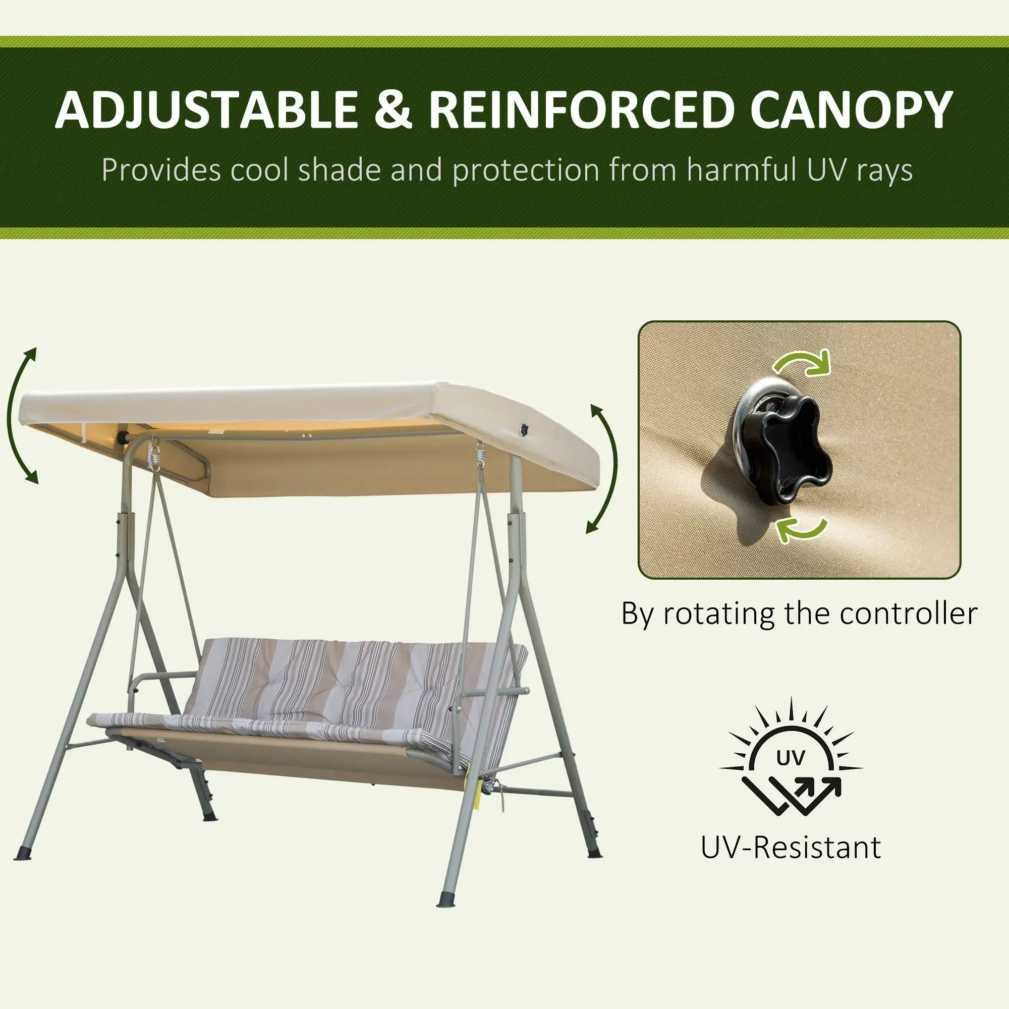 3-Seat Patio Swing Chair, Adjustable Canopy, Light Brown - Image 4