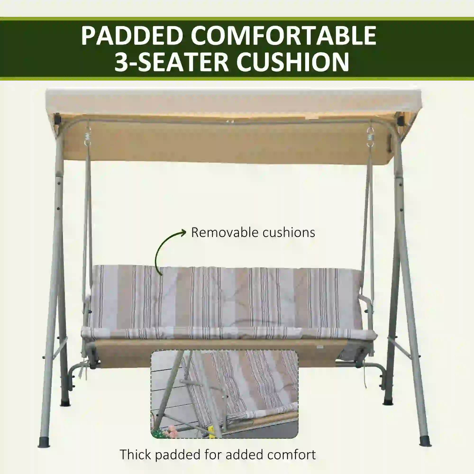 3-Seat Patio Swing Chair, Adjustable Canopy, Light Brown - Image 5
