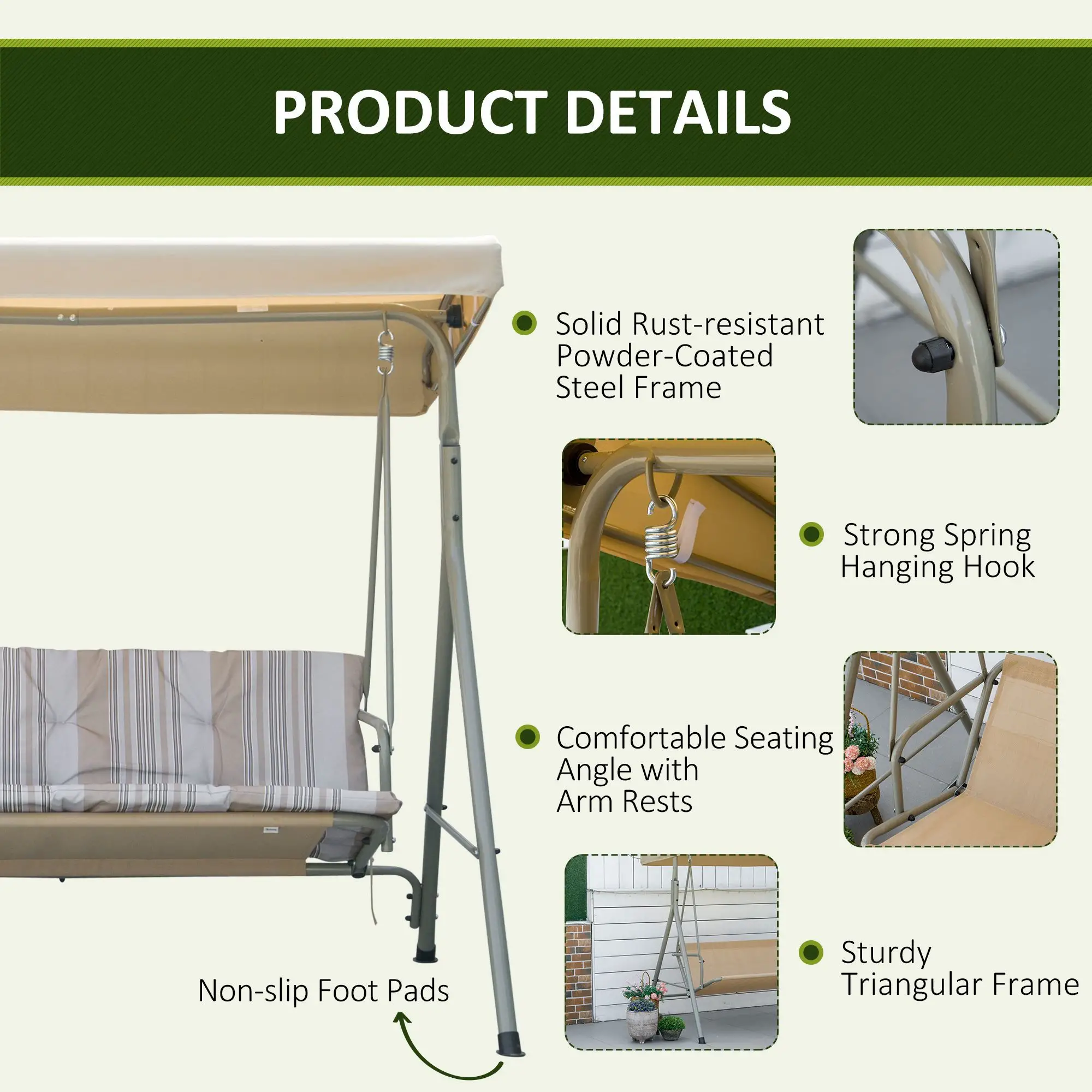3-Seat Patio Swing Chair, Adjustable Canopy, Light Brown - Image 6