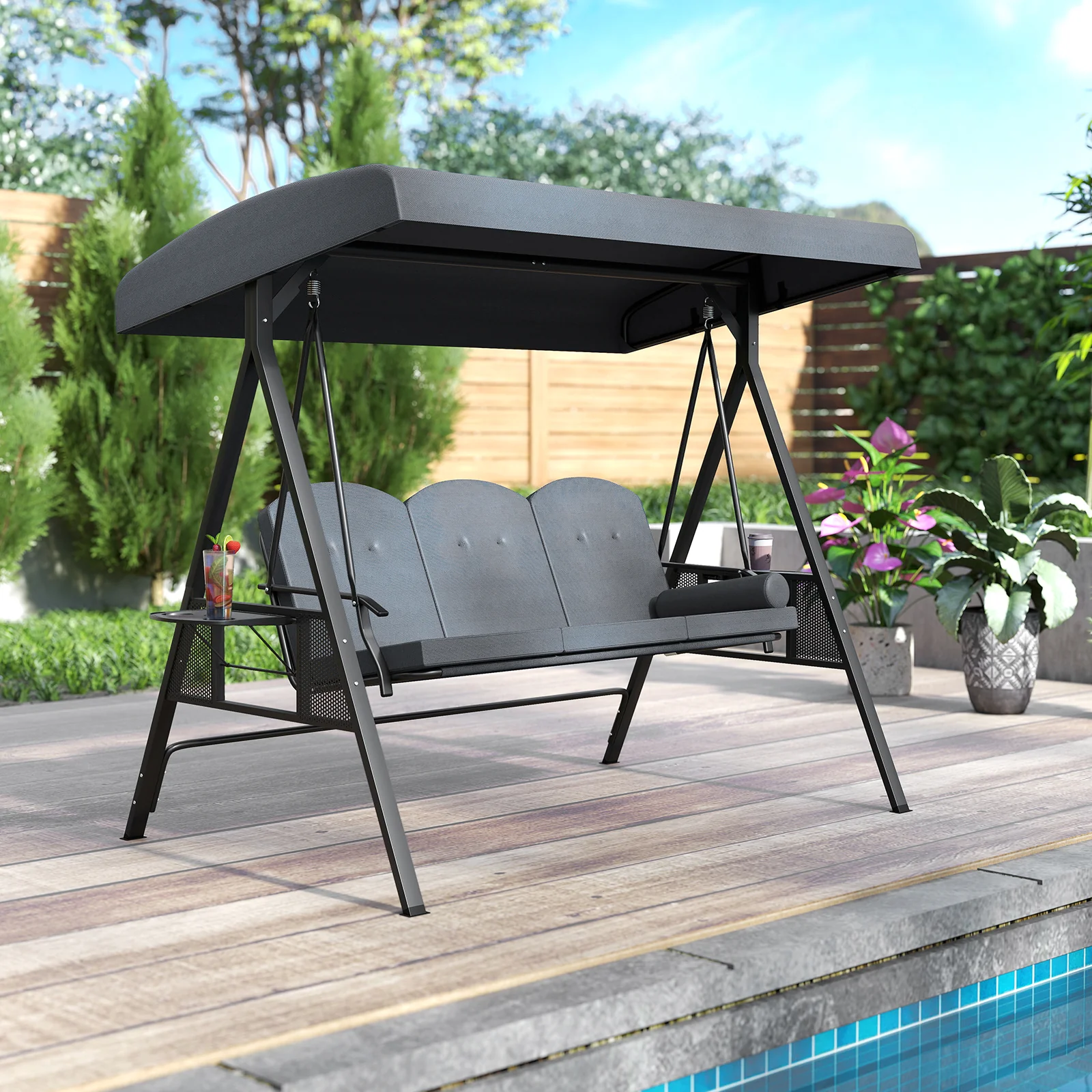 3-Seat Patio Swing Chair With Adjustable Canopy, Gray - Image 3