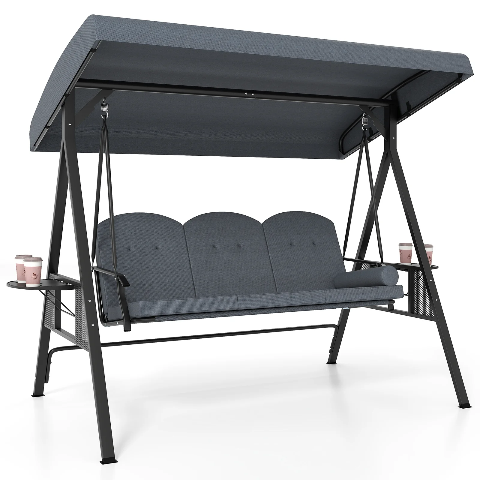 3-Seat Patio Swing Chair With Adjustable Canopy, Gray - Image 4