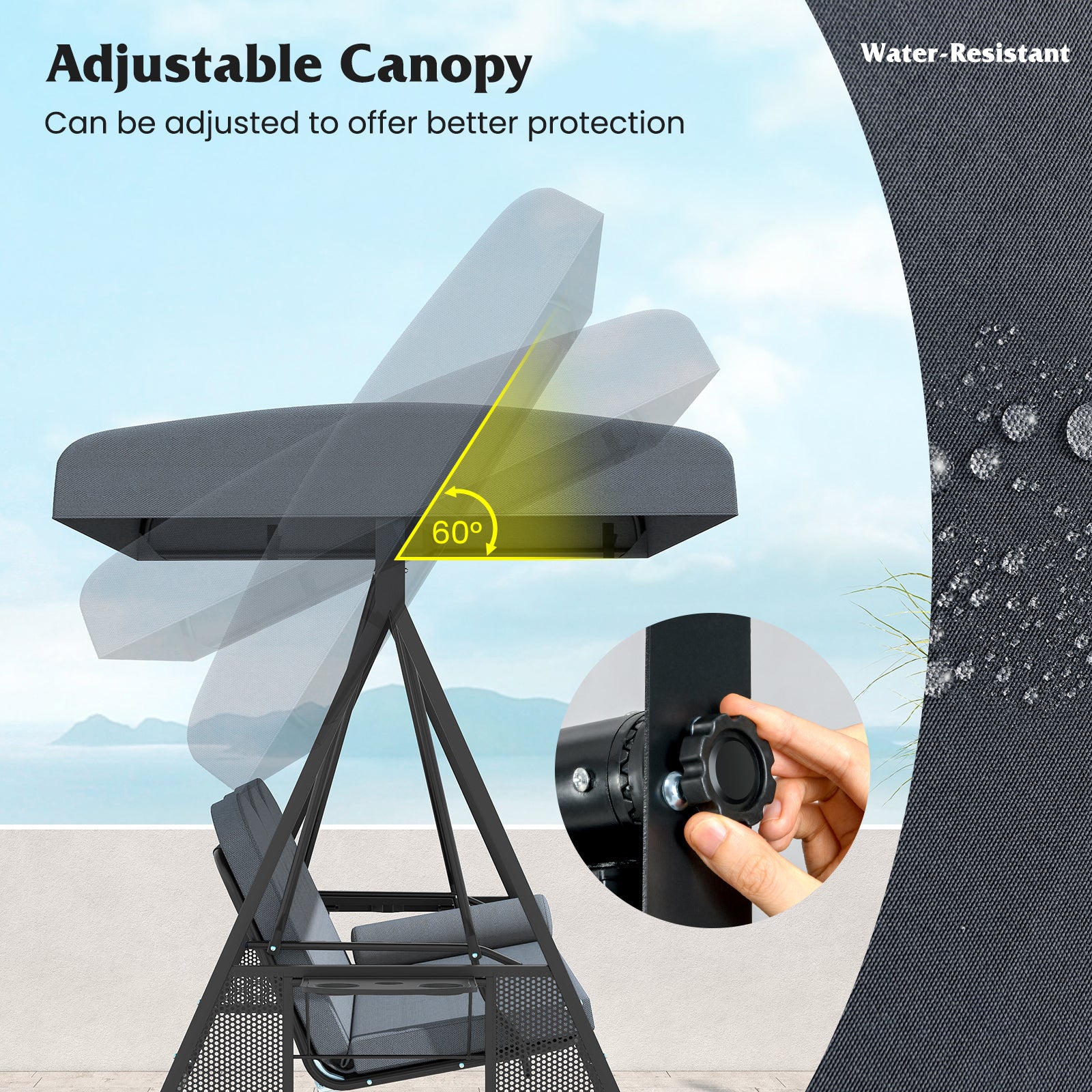 3-Seat Patio Swing Chair With Adjustable Canopy, Gray - Image 7