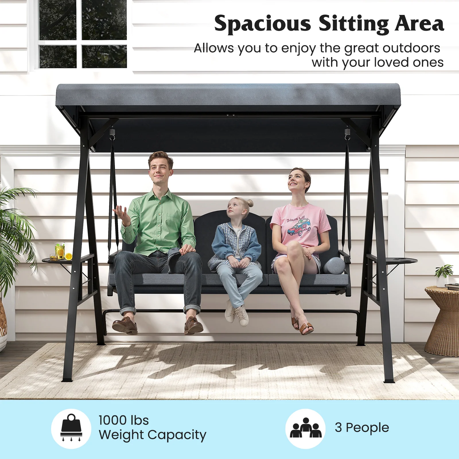 3-Seat Patio Swing Chair With Adjustable Canopy, Gray - Image 9