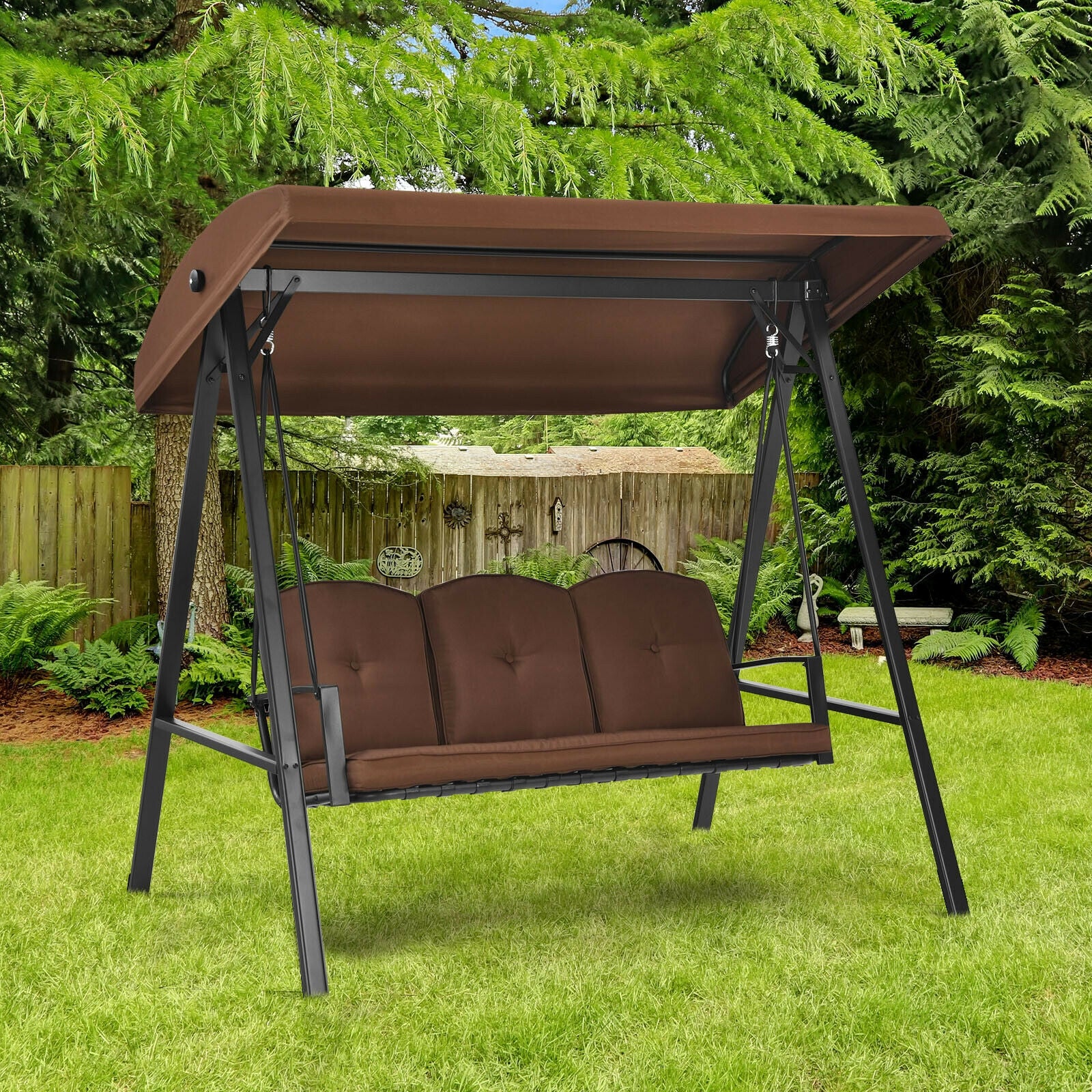 3-Seat Porch Swing, Adjustable Canopy, Cushions, Brown - Image 2