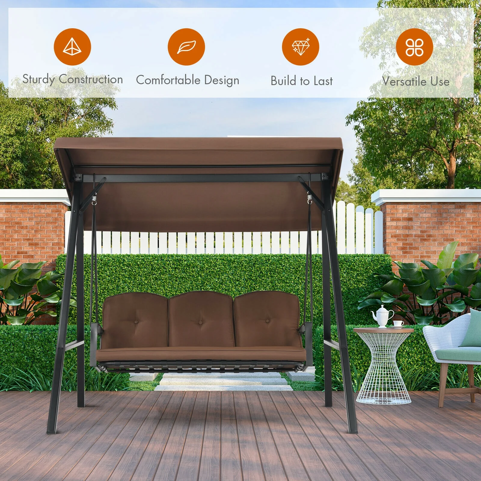 3-Seat Porch Swing, Adjustable Canopy, Cushions, Brown - Image 3