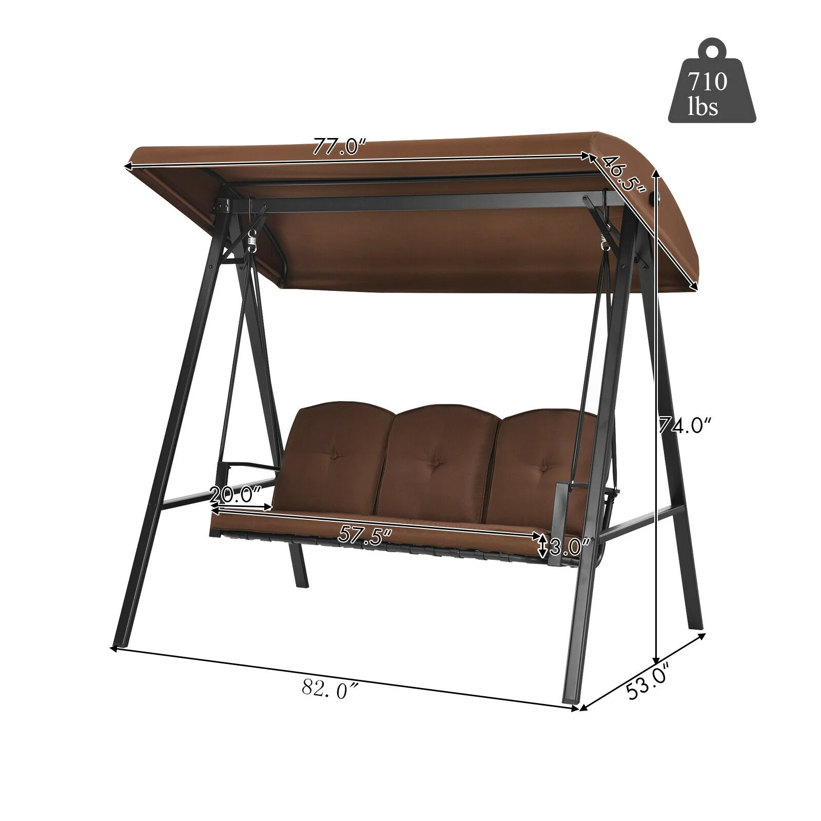 3-Seat Porch Swing, Adjustable Canopy, Cushions, Brown - Image 5