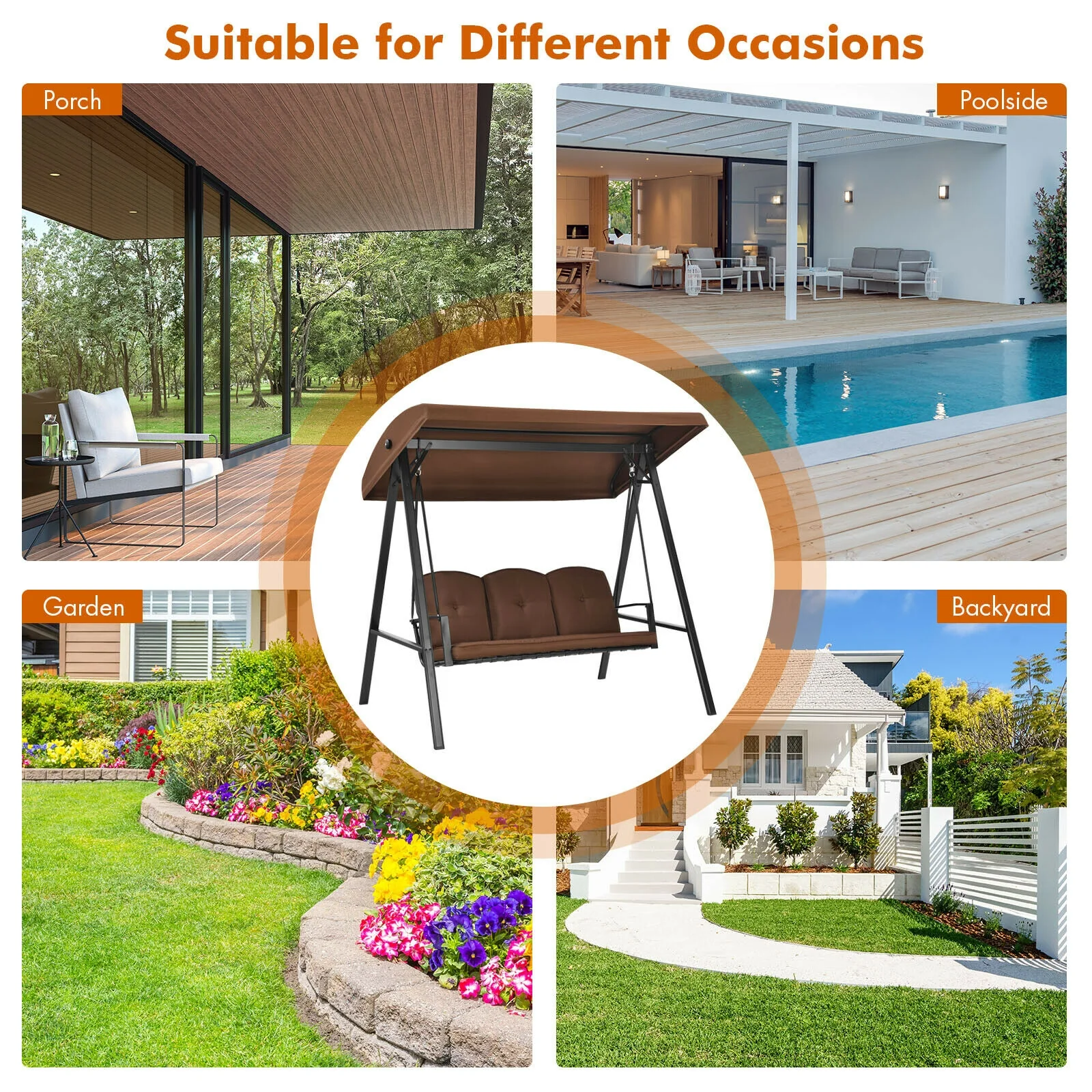 3-Seat Porch Swing, Adjustable Canopy, Cushions, Brown - Image 6