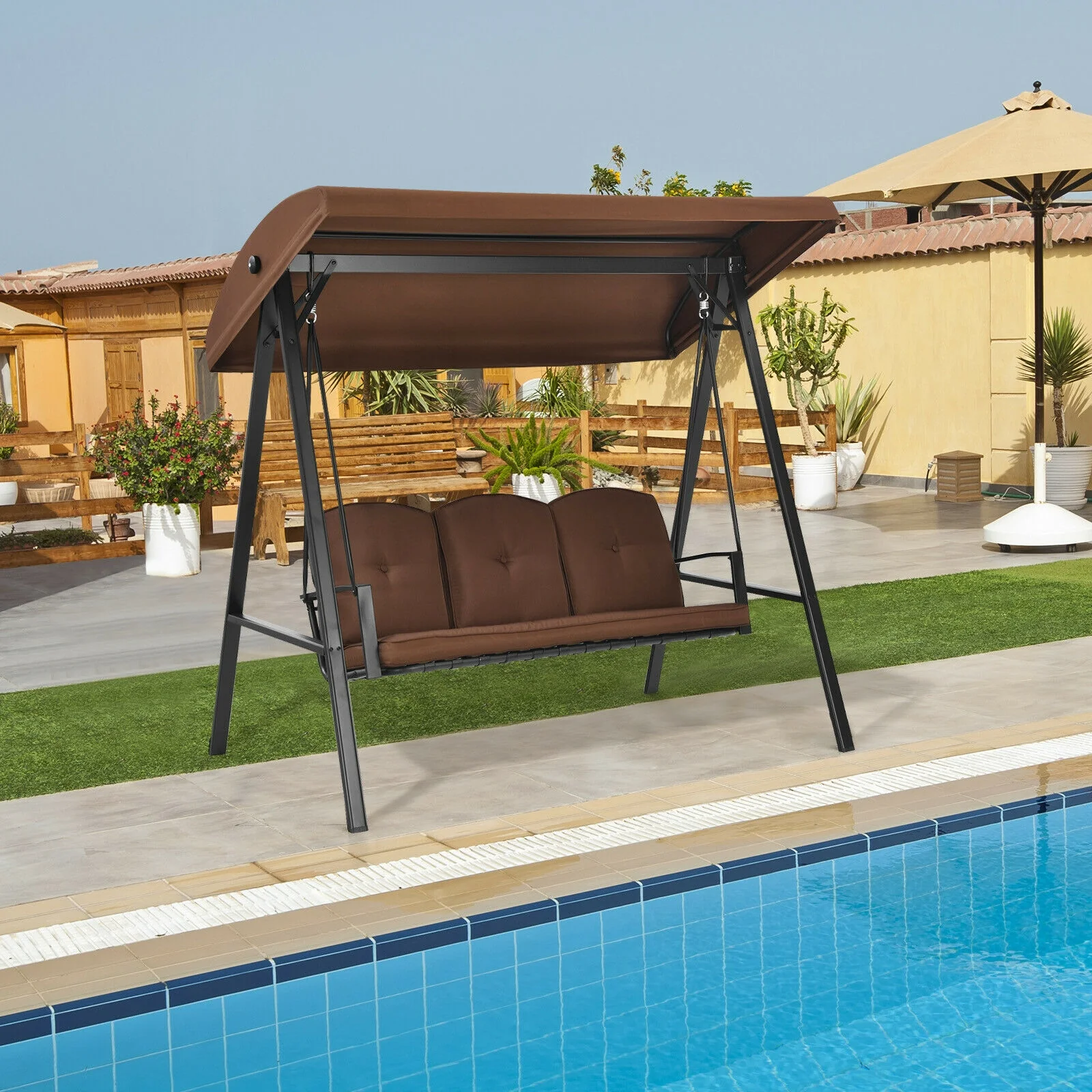 3-Seat Porch Swing, Adjustable Canopy, Cushions, Brown - Image 8