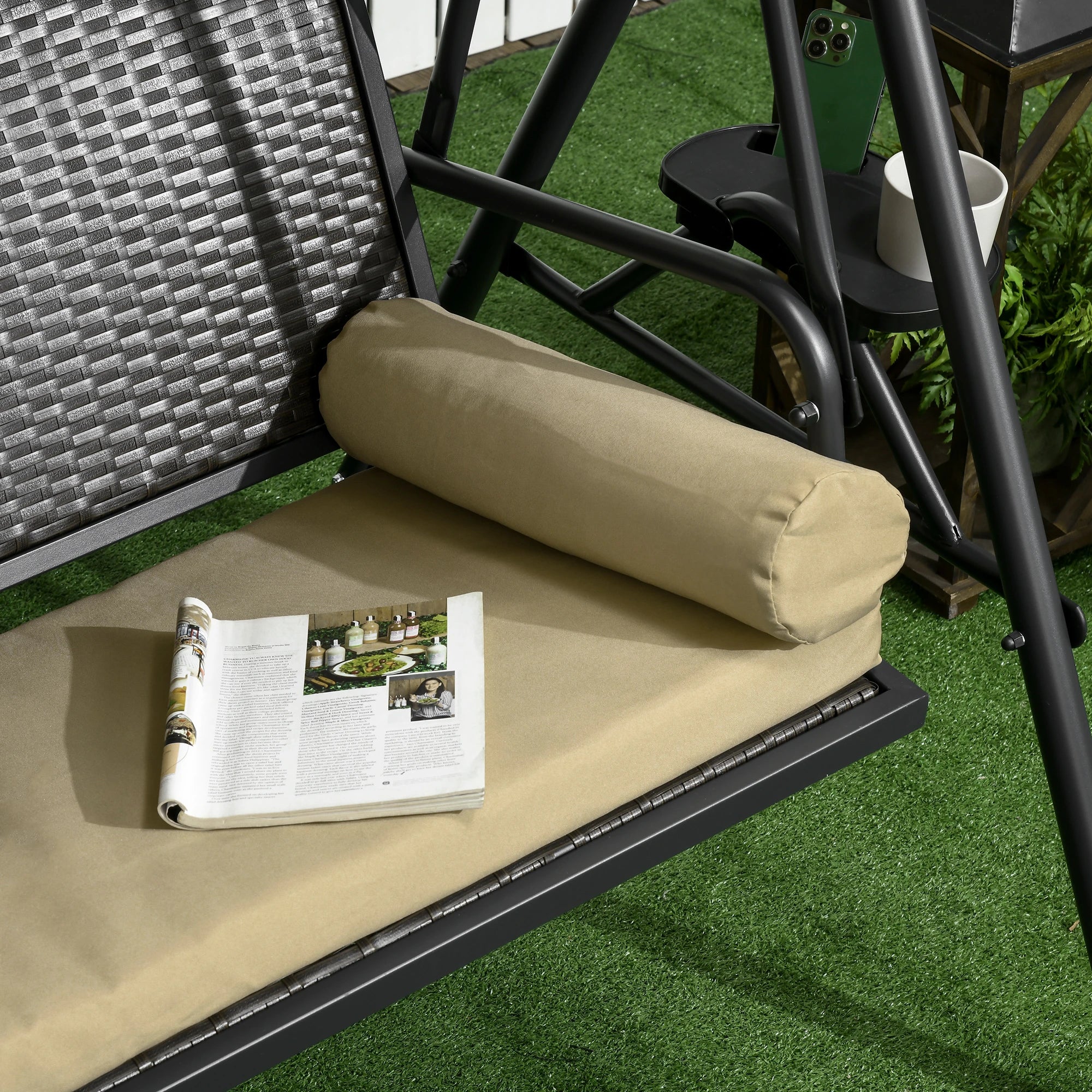 3-Seat Porch Swing with Canopy, Rattan Seat, Removable Cushion - Image 10