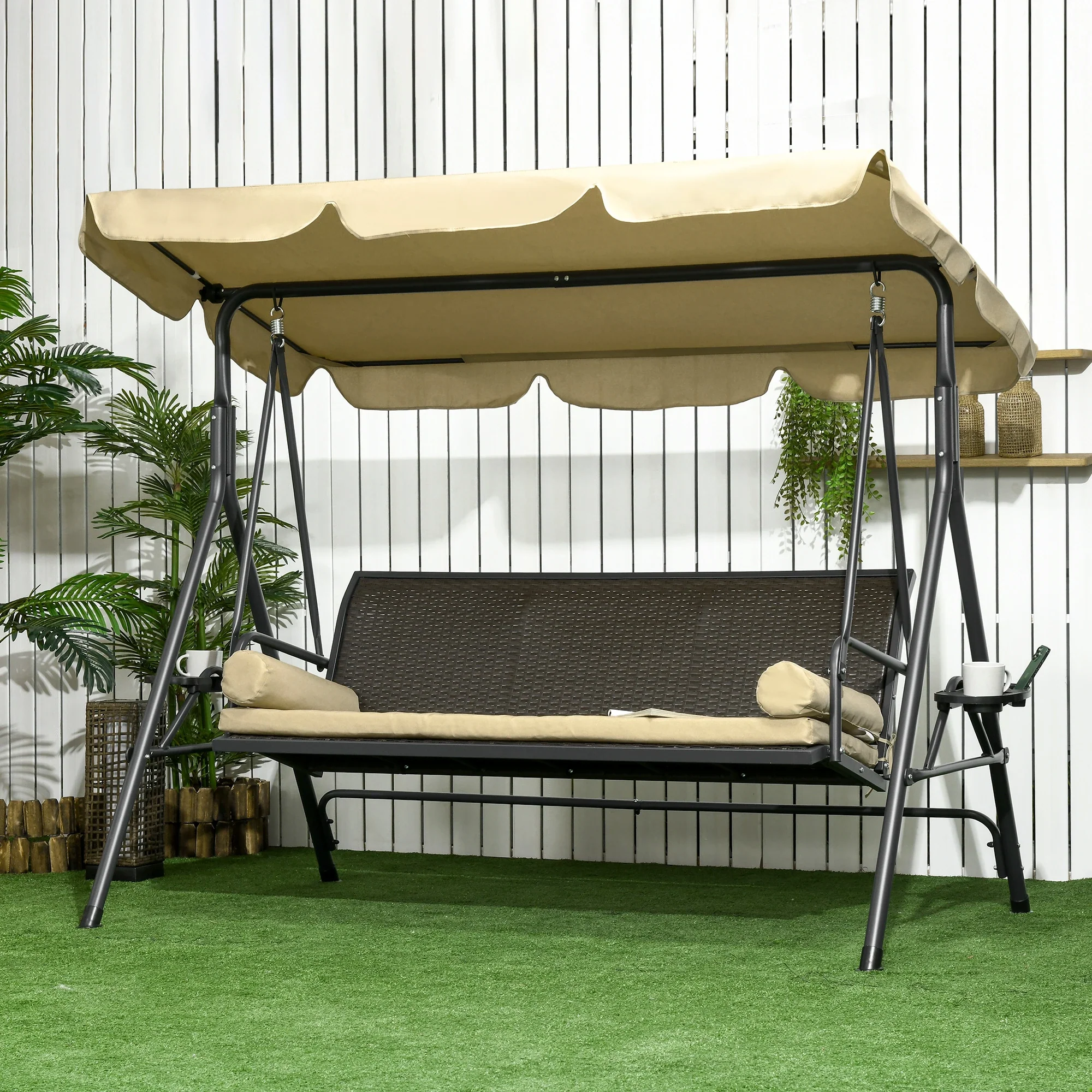 3-Seat Porch Swing with Canopy, Rattan Seat, Removable Cushion - Image 2