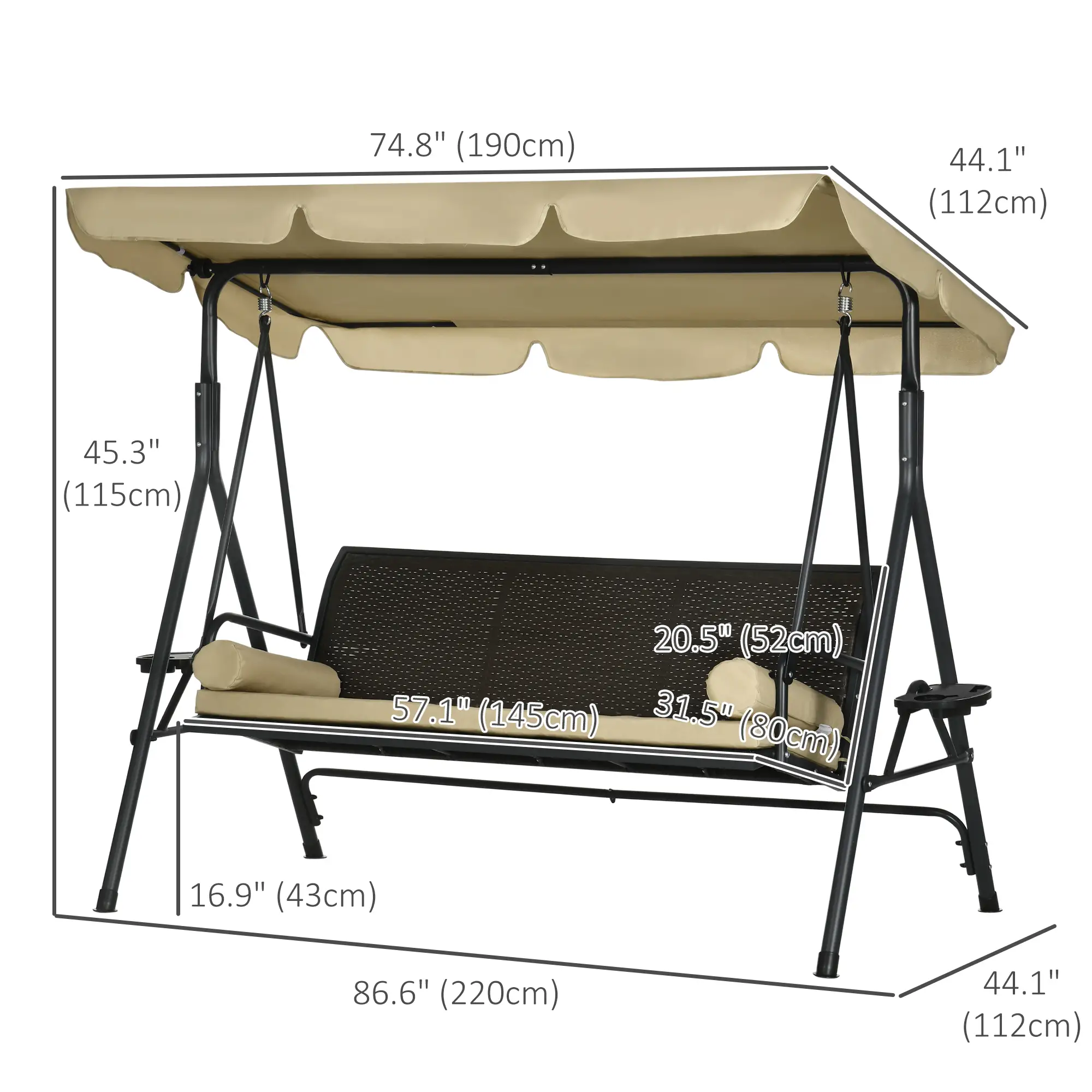 3-Seat Porch Swing with Canopy, Rattan Seat, Removable Cushion - Image 3