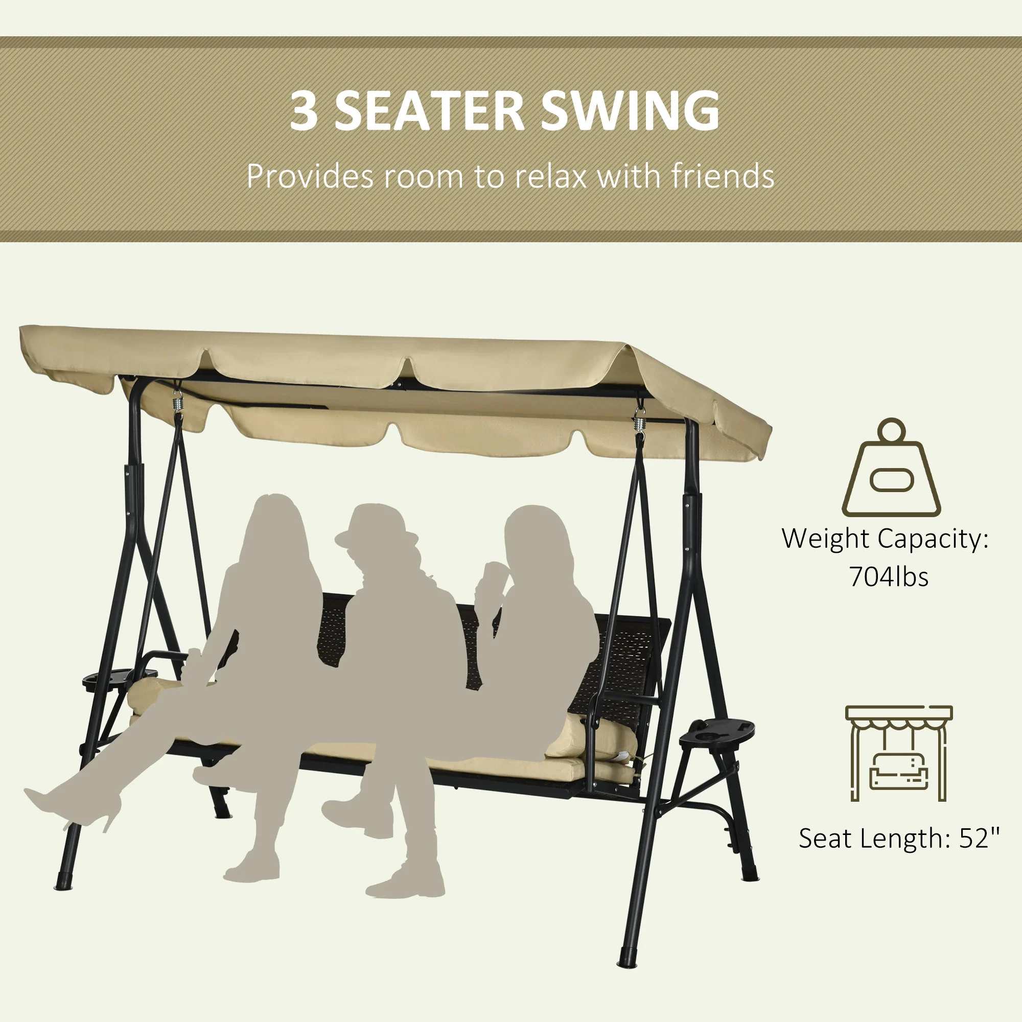 3-Seat Porch Swing with Canopy, Rattan Seat, Removable Cushion - Image 4