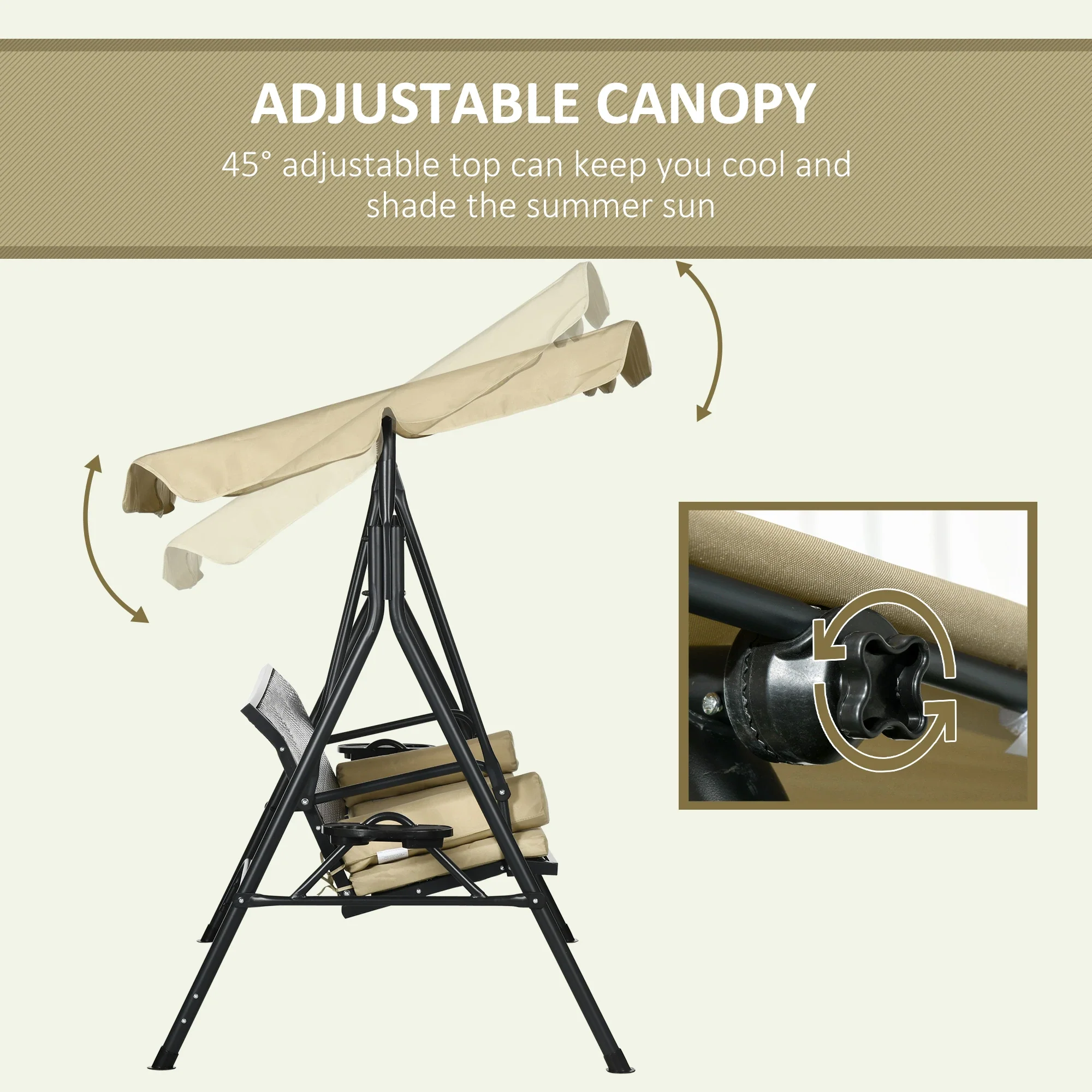 3-Seat Porch Swing with Canopy, Rattan Seat, Removable Cushion - Image 5