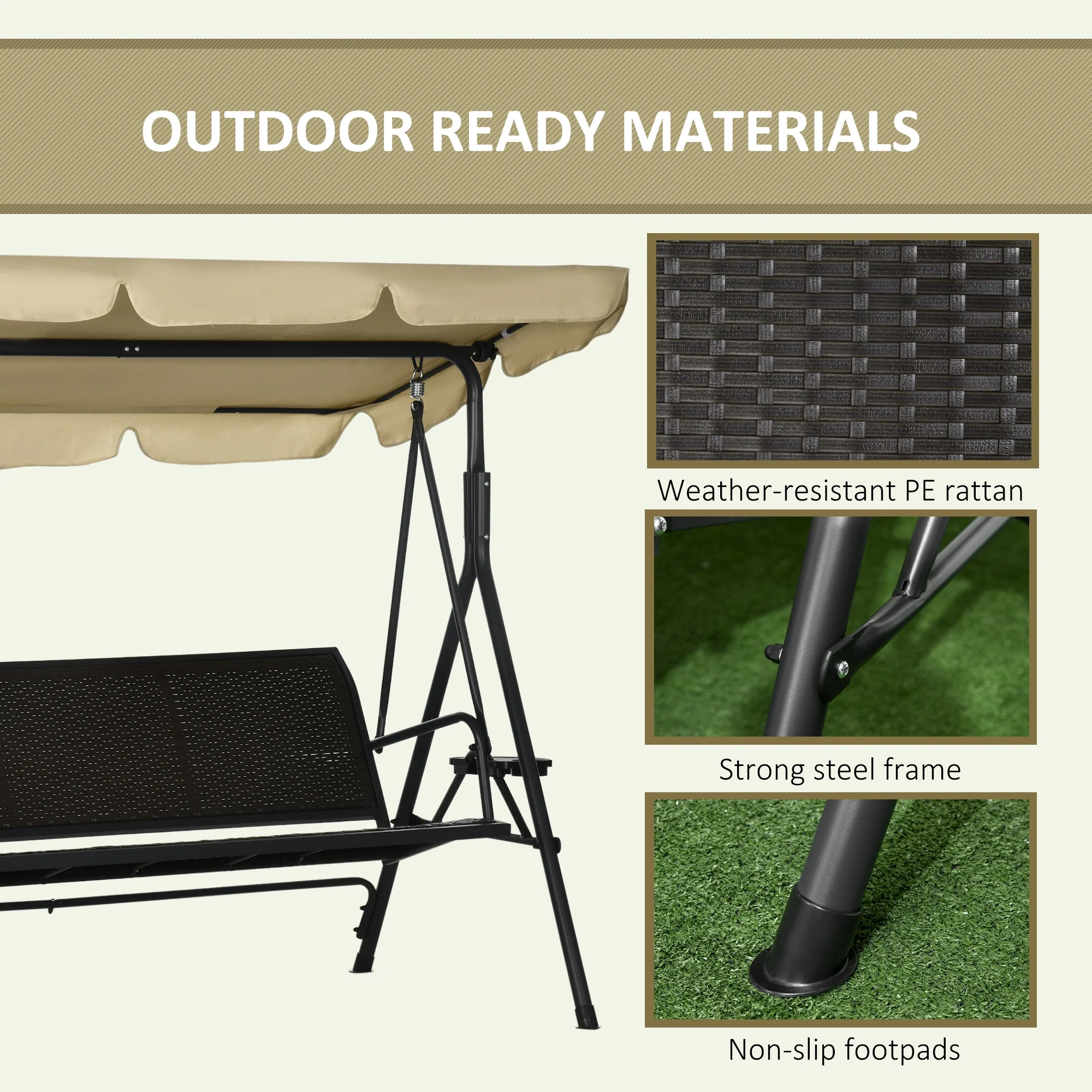 3-Seat Porch Swing with Canopy, Rattan Seat, Removable Cushion - Image 6