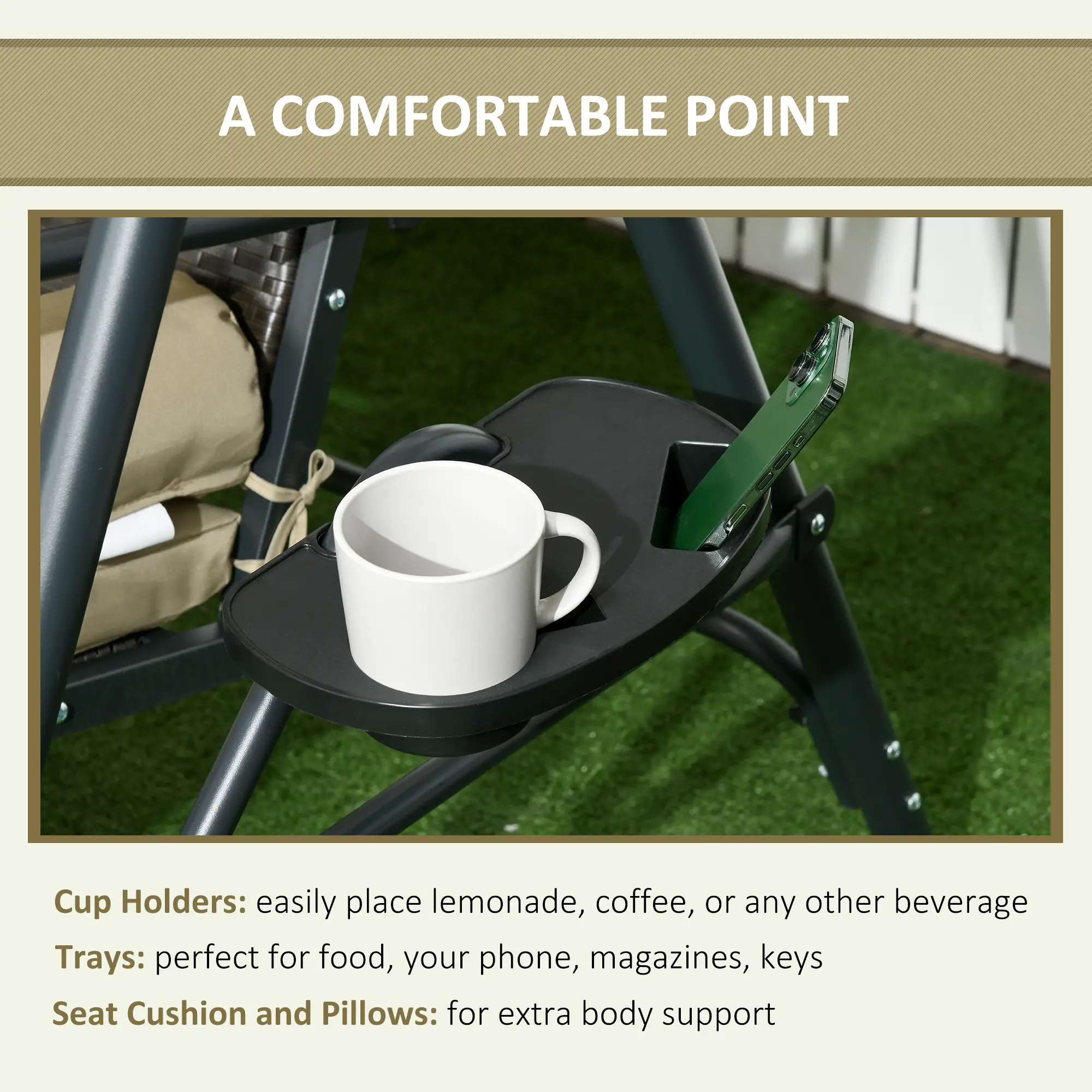3-Seat Porch Swing with Canopy, Rattan Seat, Removable Cushion - Image 7