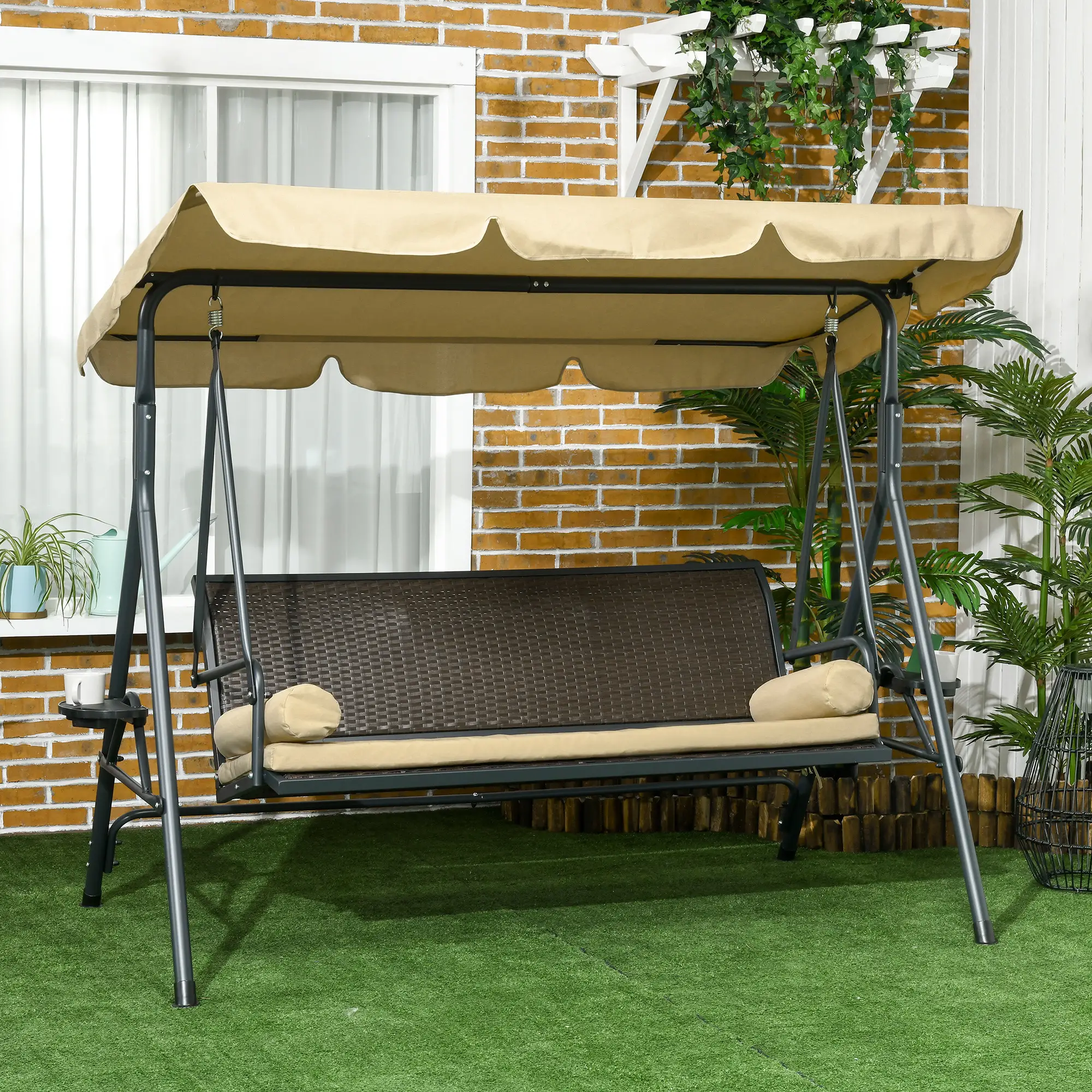 3-Seat Porch Swing with Canopy, Rattan Seat, Removable Cushion - Image 8