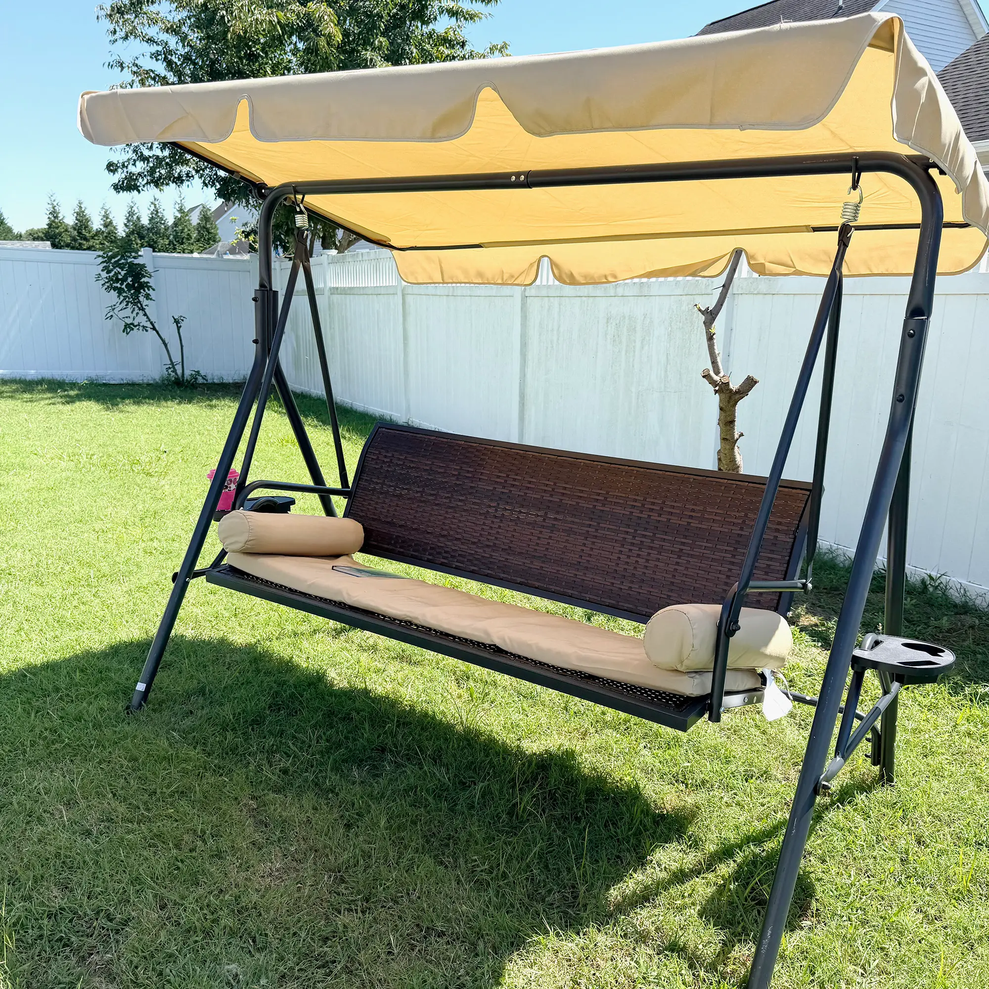 3-Seat Porch Swing with Canopy, Rattan Seat, Removable Cushion - Image 9