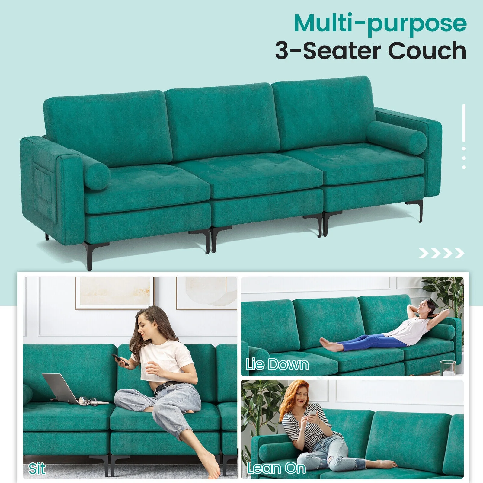 3-Seat Sectional Sofa, Side Storage Pocket, Metal Leg, Teal - Image 10